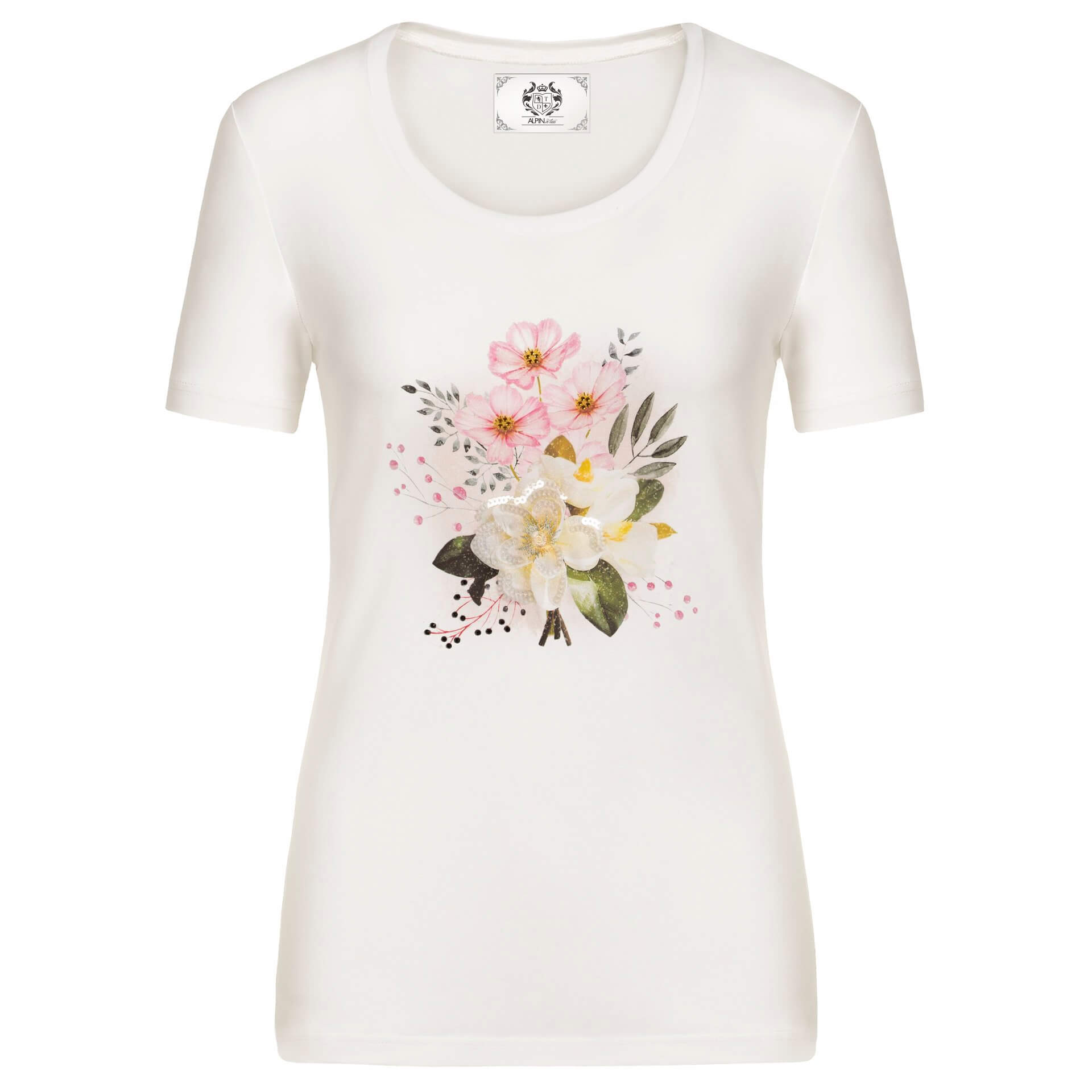 Vorderansicht des Damen T-Shirts "Blumen", in der Farbe Weiss