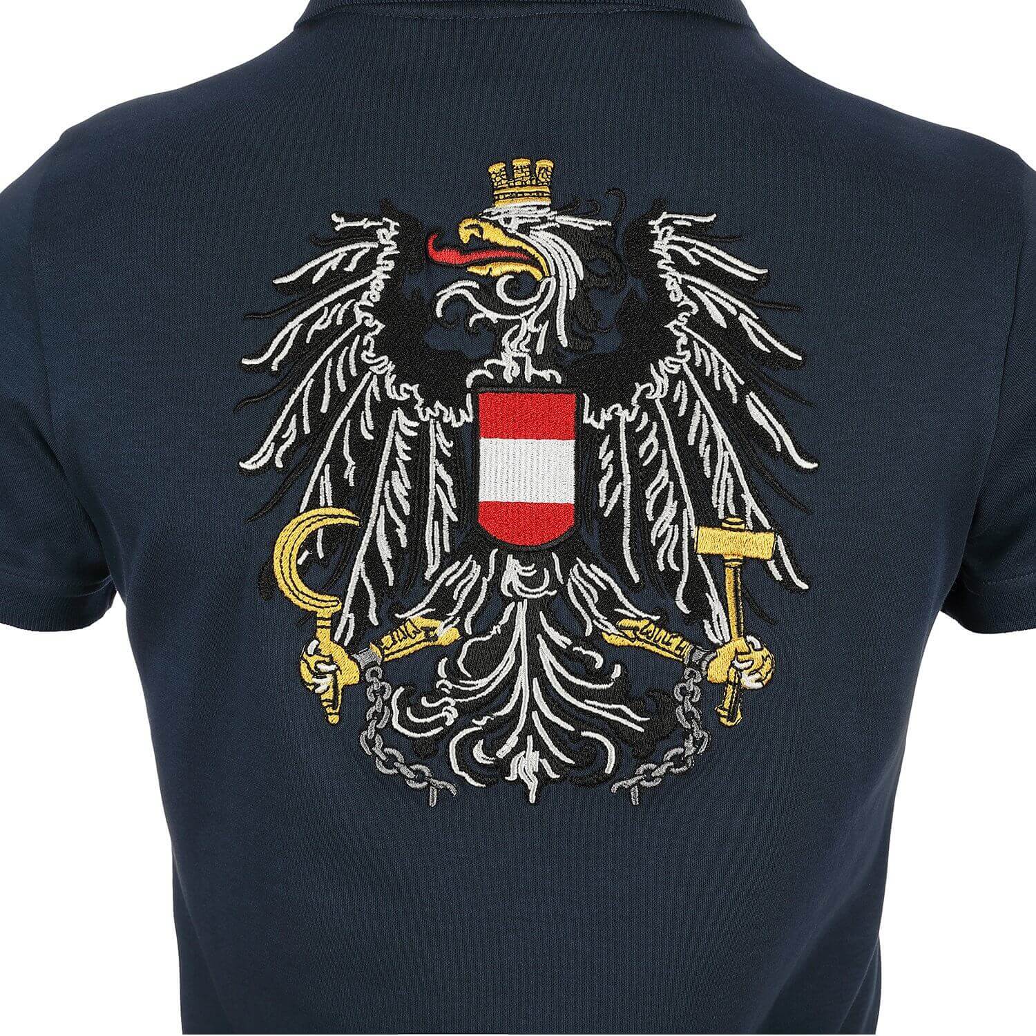 Hinteransicht des Damen Polo-Shirts "Österreich" in der Farbe Blau, Detailansicht