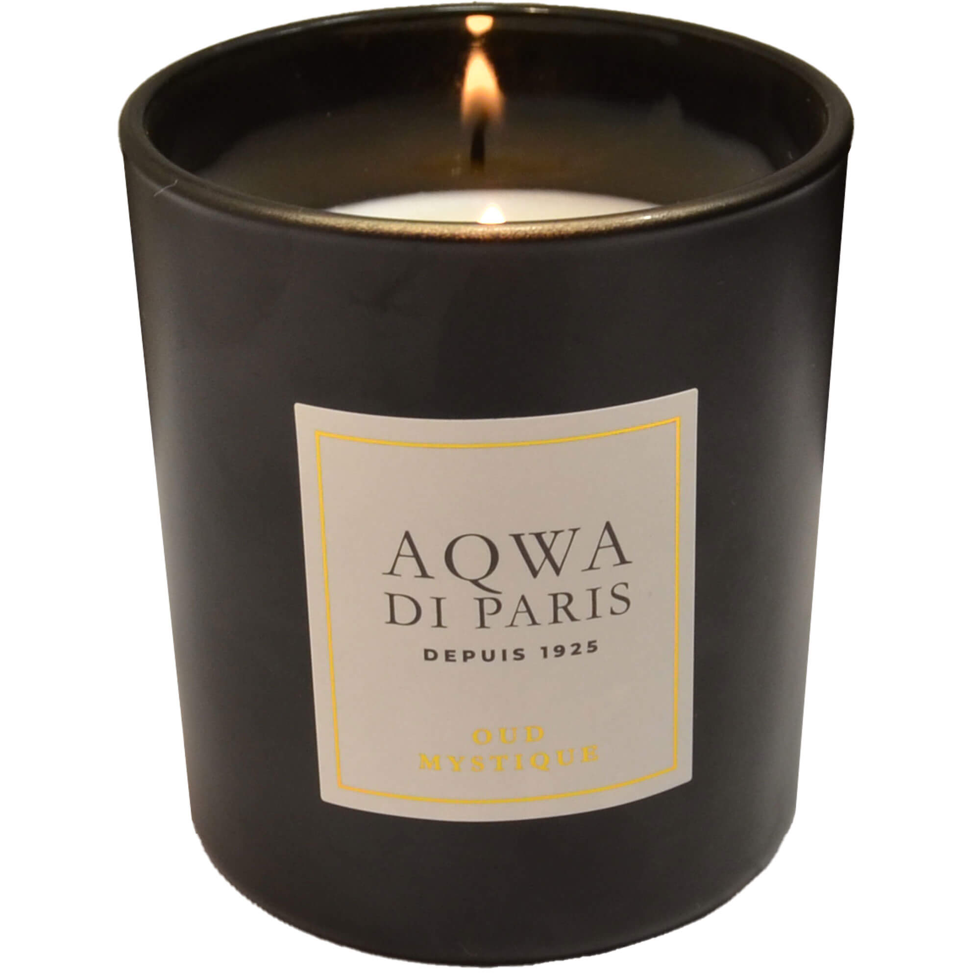 Vorderansicht der Kerze "Aqwa di Paris", mit dem Duft "Oud Mystique", in der Farbe Schwarz