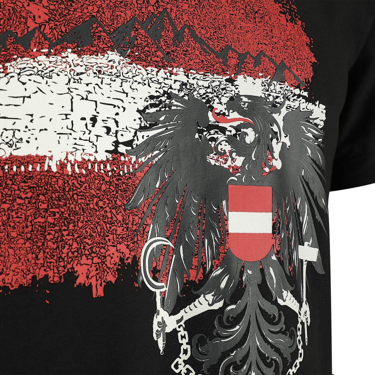 Vorderansicht des Herren T-Shirt "Adler Österreich", in der Farbe Schwarz, Detail Druck Adler