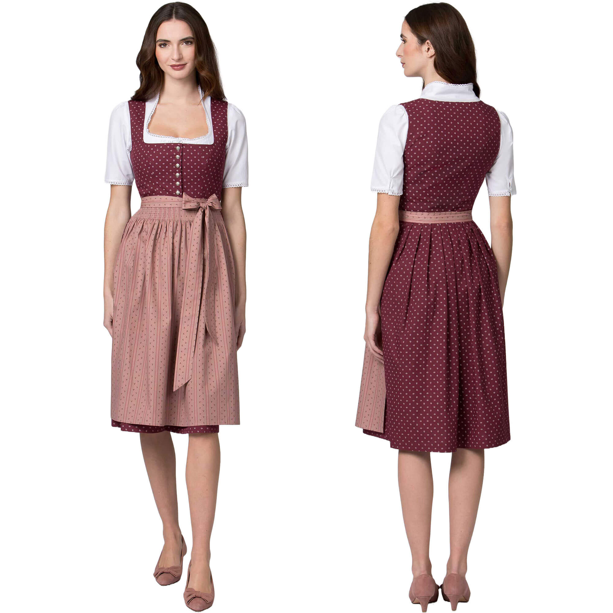 Vorder- und Hinteransicht des Damen Dirndl "Gina" in der Farbe Bordeaux