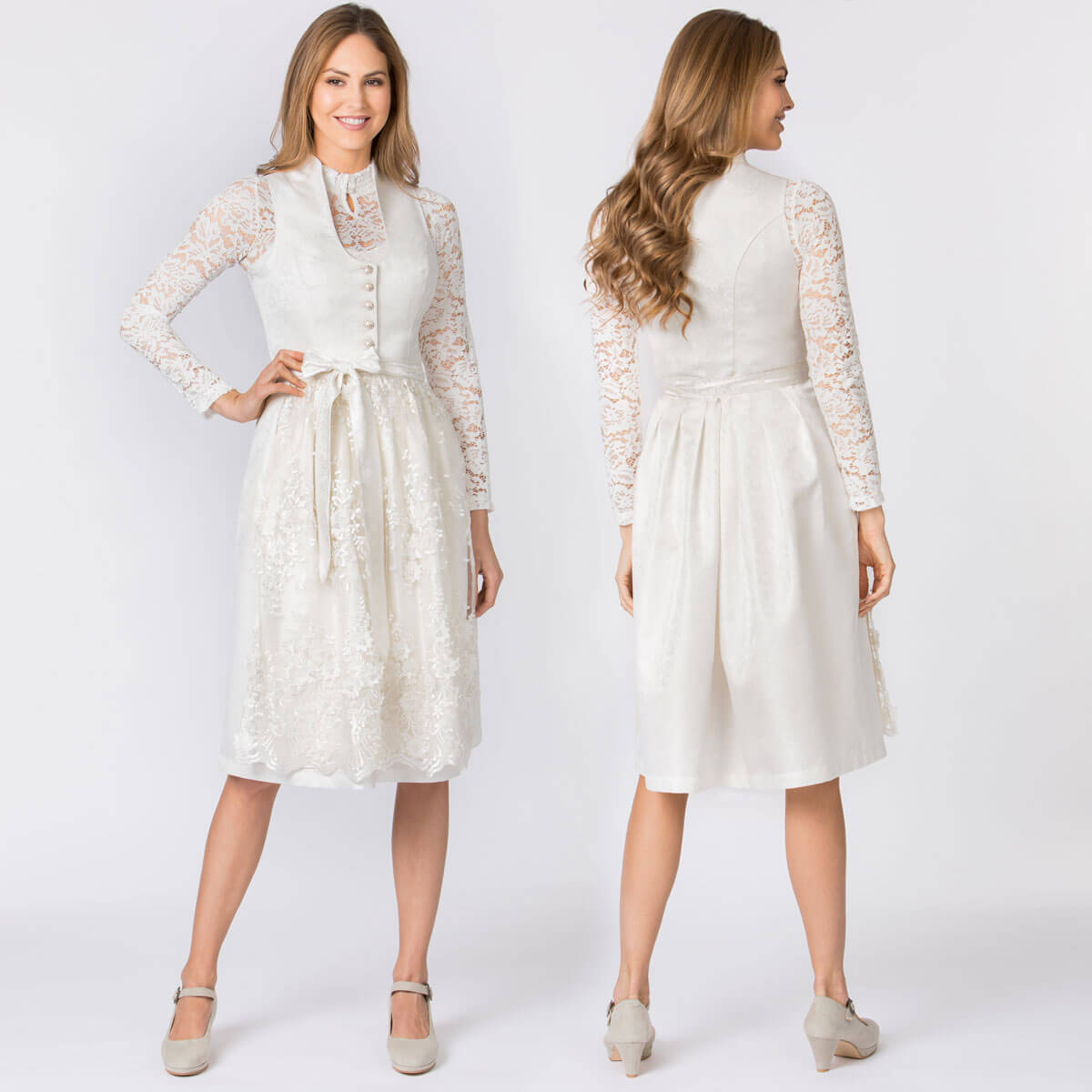 Vorder- und Hinteransicht des Damen Festagsdirndls "Danice", in Creme, von Modell getragen, ganz drauf