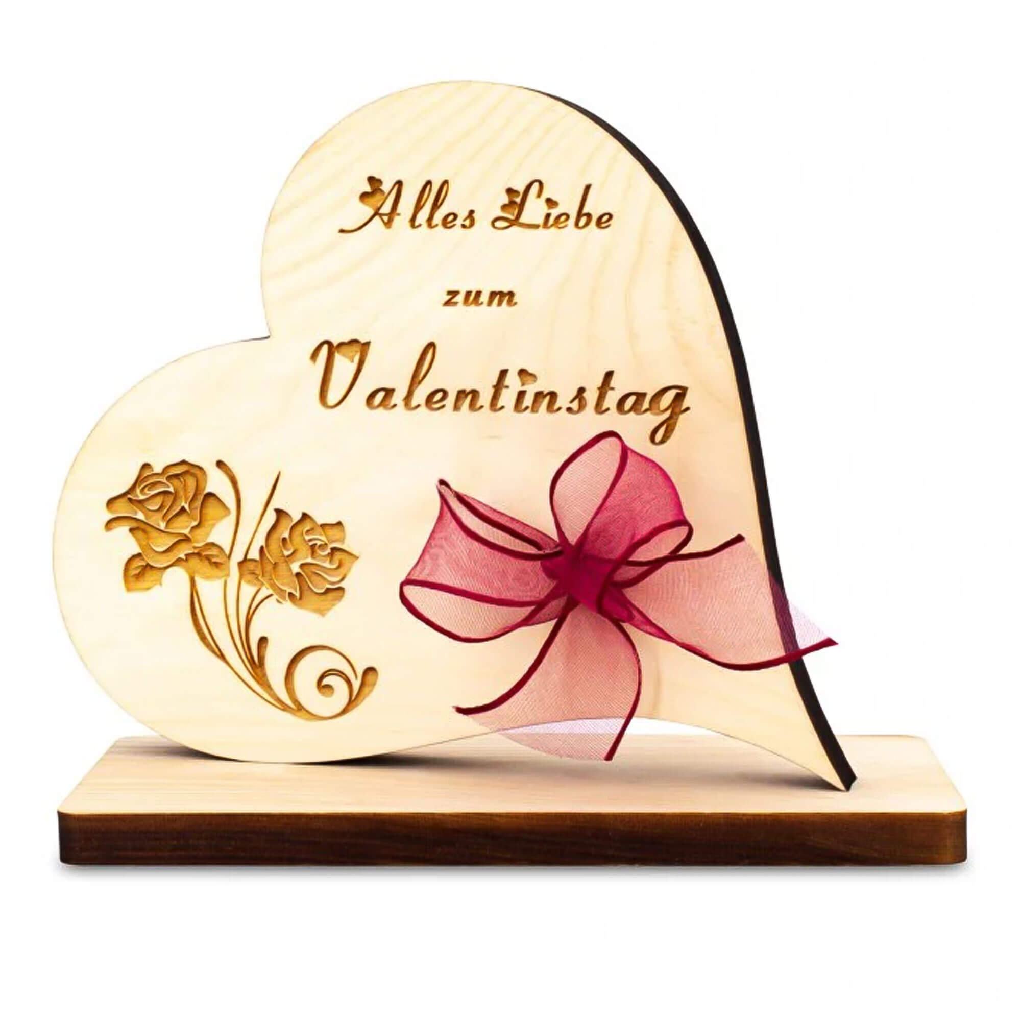 Vorderansicht des Zirbenherzes "Alles Liebe zum Valentinstag"
