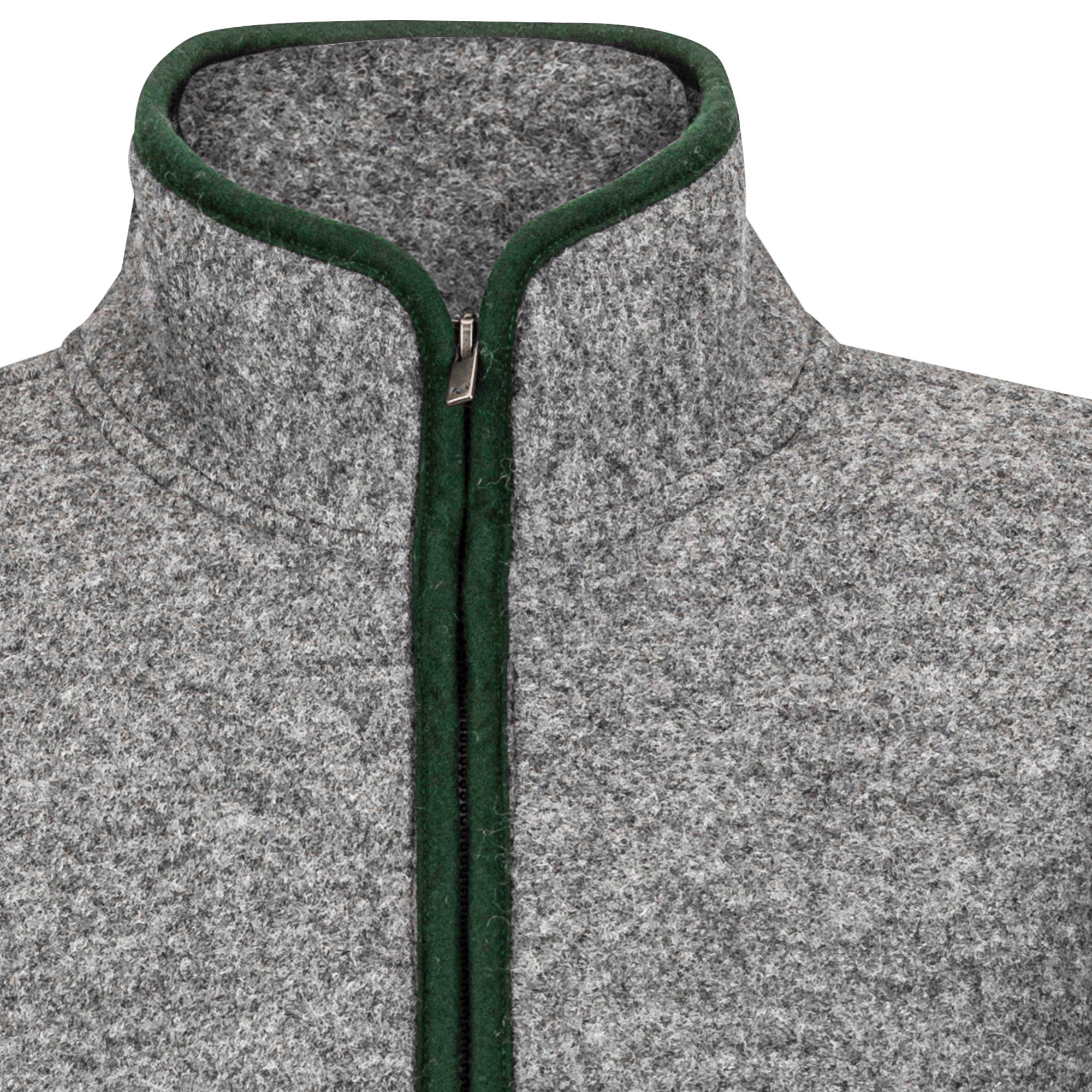 Detailansicht der Herren Wolljacke "Paul", in der Farbe Grau mit grünen Akzenten
