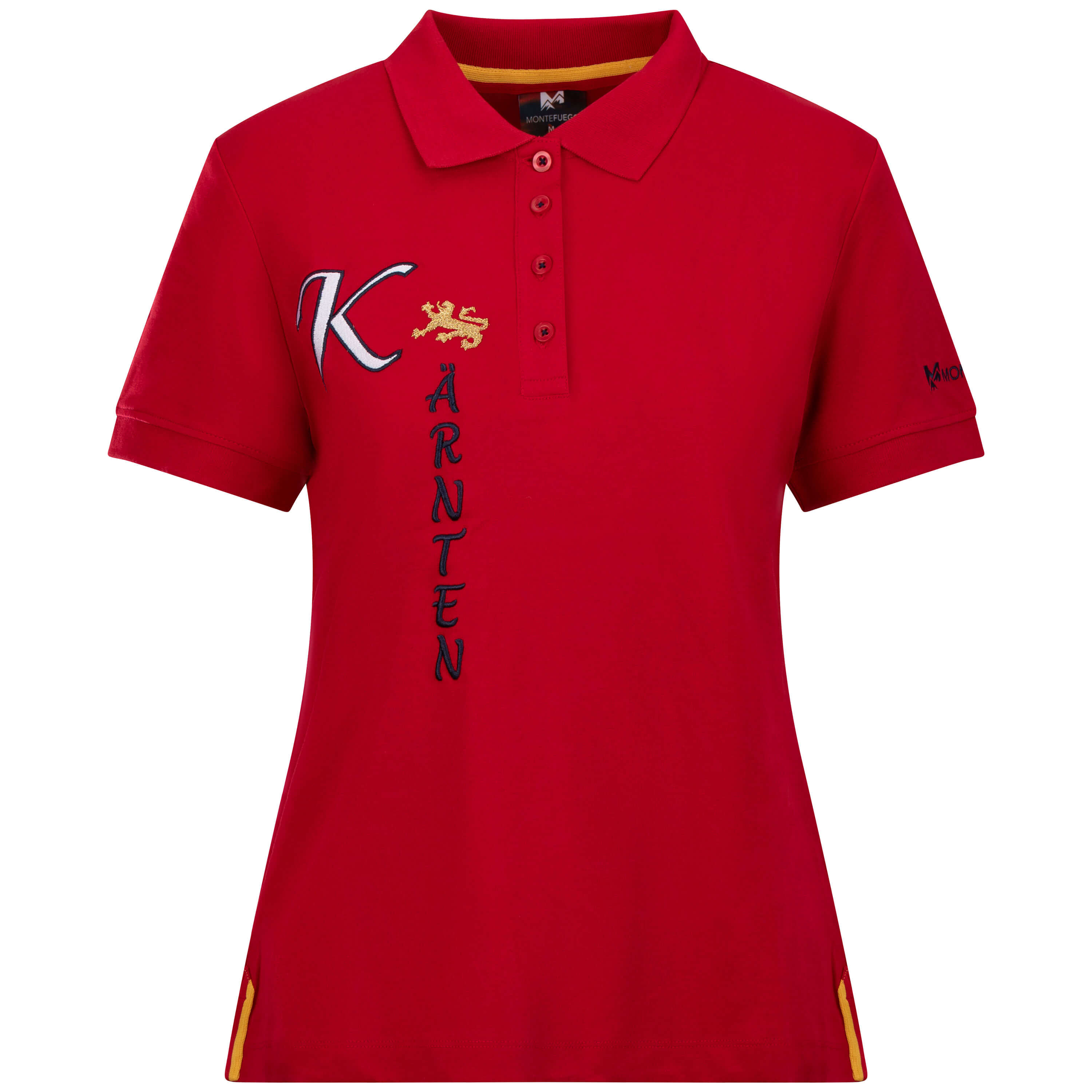 Detailansicht des Damen Polo "Kärnten", mit kurzem Arm, in der Farbe Rot, mit Kärnten Schriftzug vorne