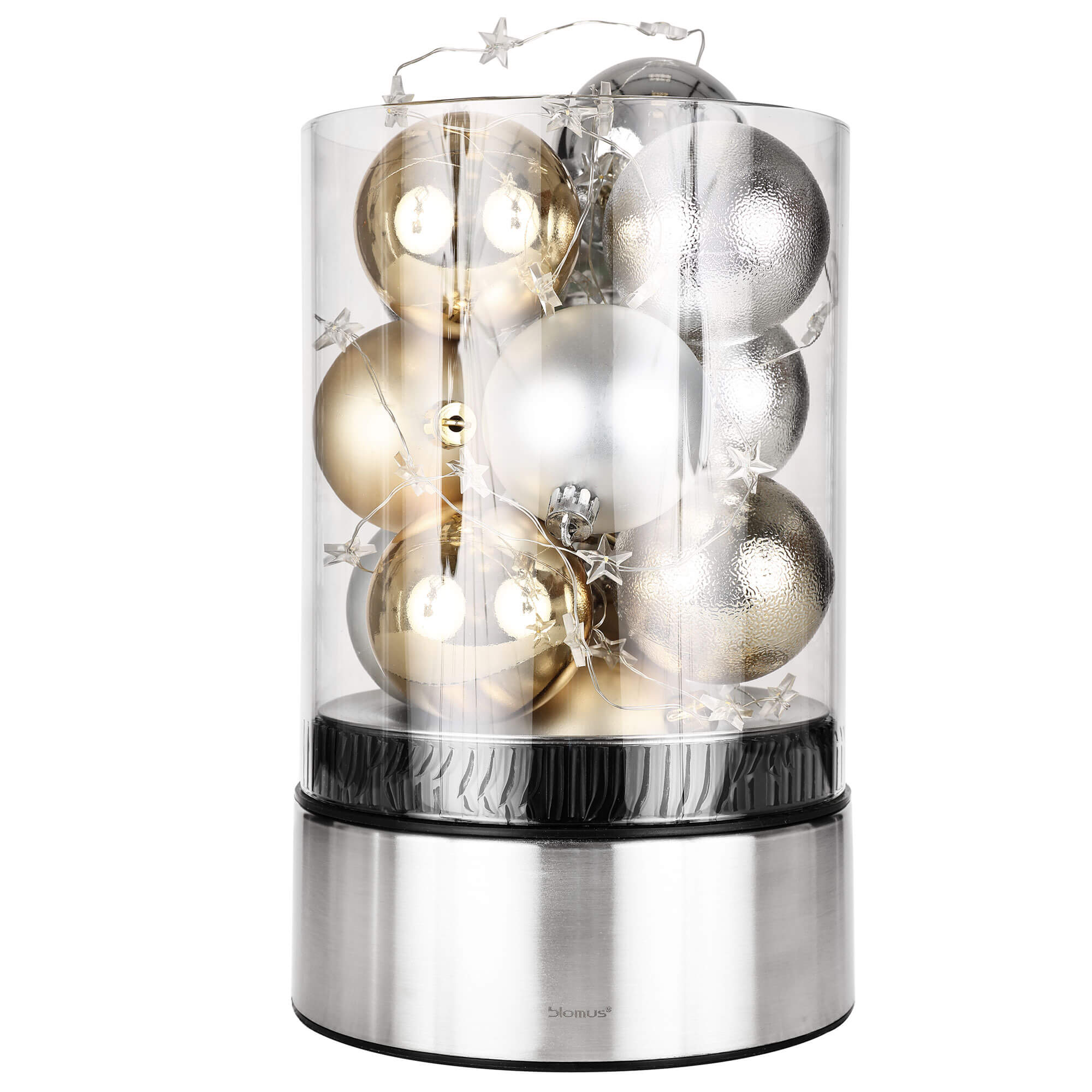 Ansicht des Windlicht "Amilio", Gefüllt mit Weihnachtskugeln und LED Beleuchtung