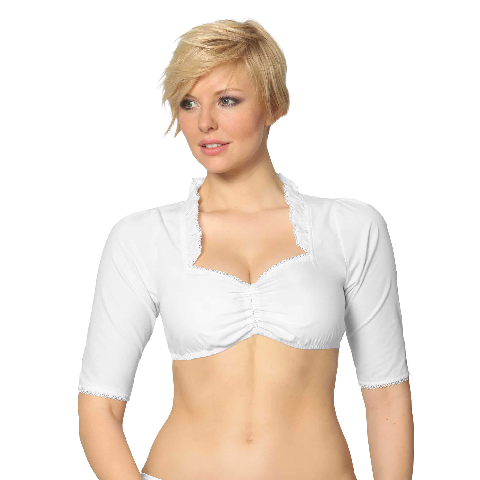 Vorderansicht der Damen Dirndlbluse "Clara" in der Farbe Weiß, getragen von einem Model 