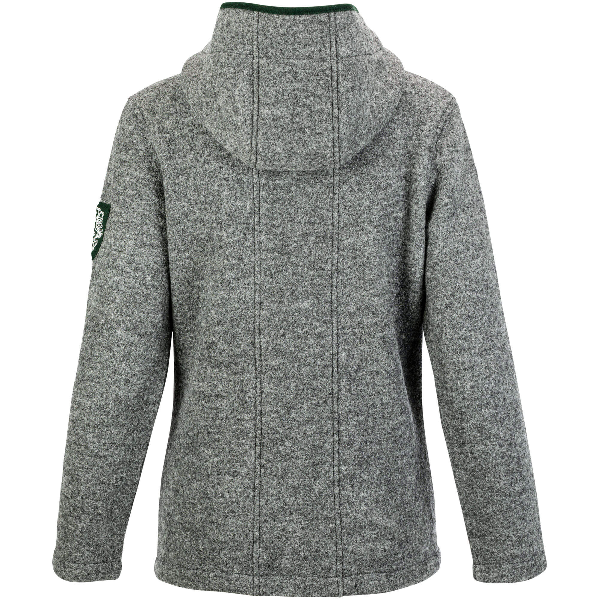 Hinteransicht der Damen Wolljacke mit Kapuze, in der Farbe Grau mit grünen Akzenten