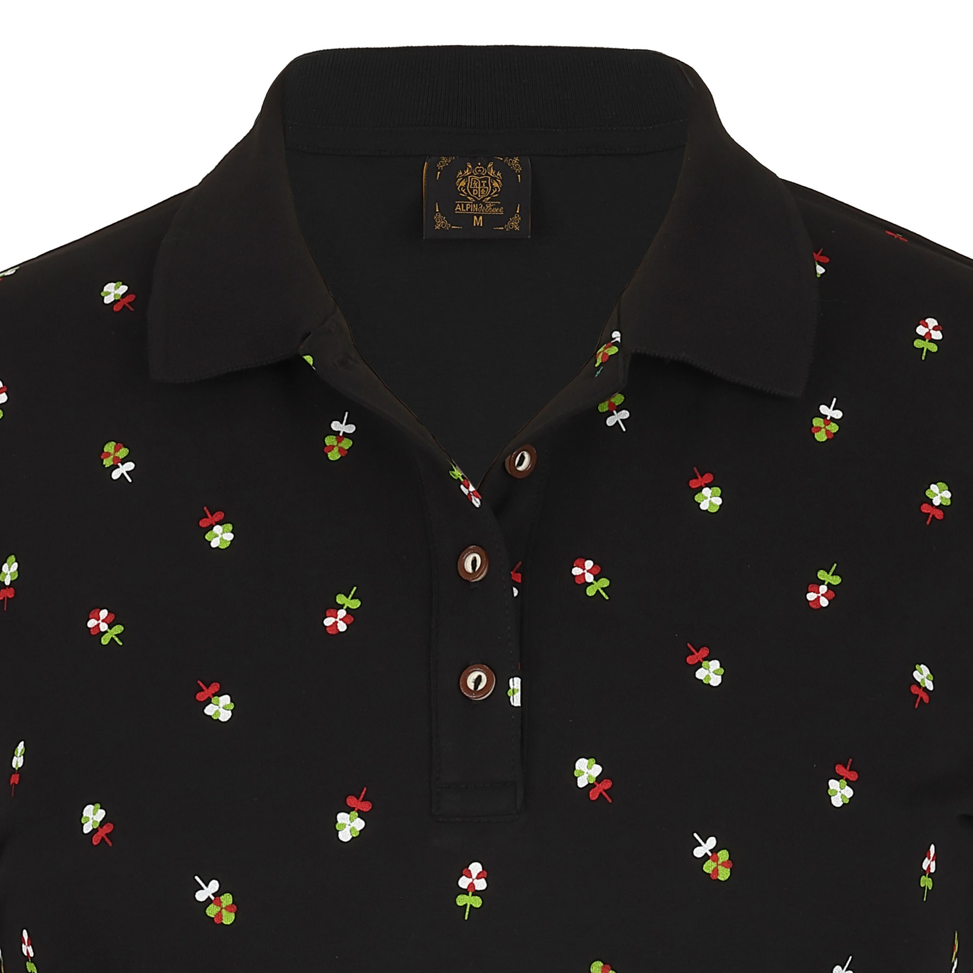 Detailansicht vom Kragen des Damen Blümchen-Druck Polo "Kärnten" in der Farbe Schwarz