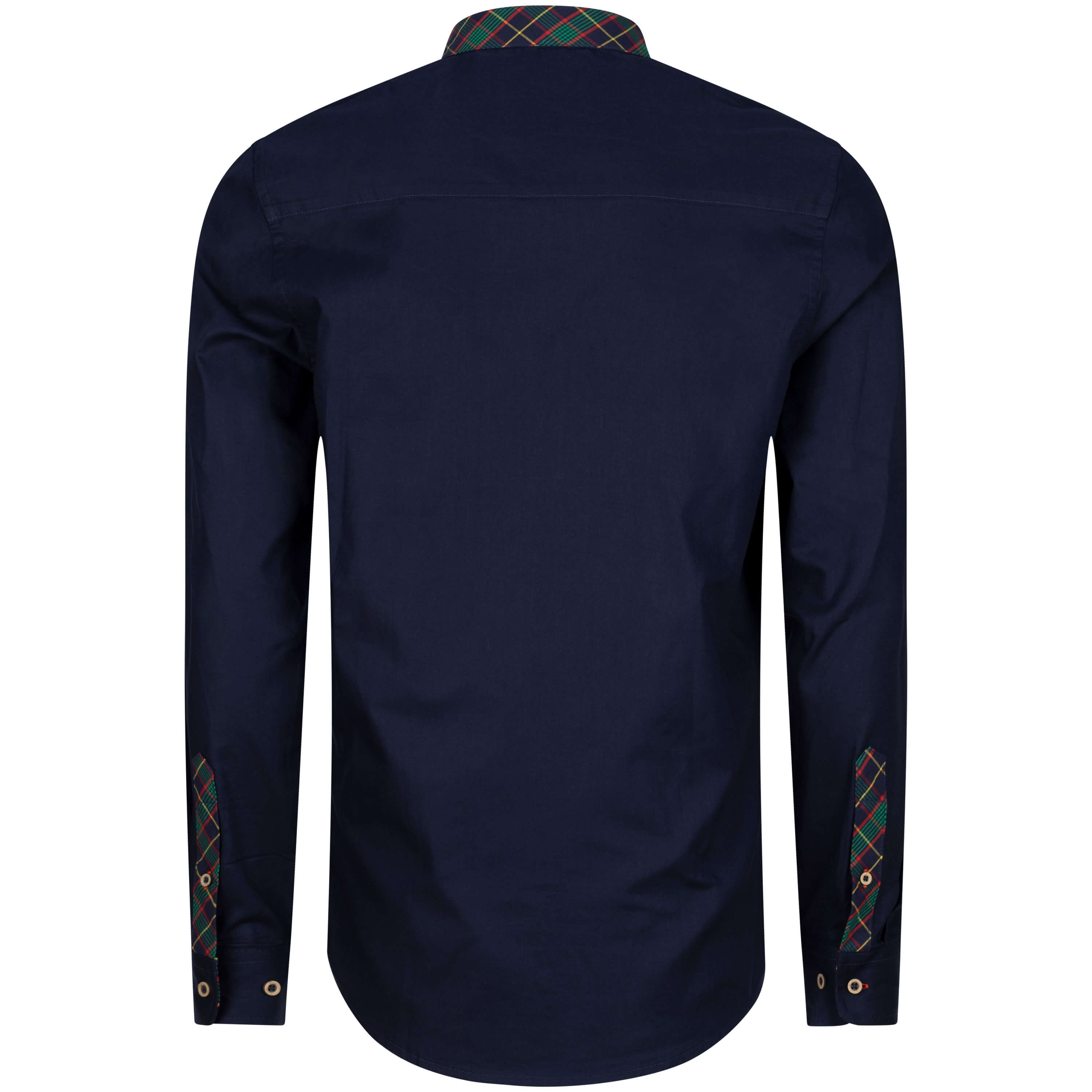 Rückansicht des Herren Hemd "Kärnten", mit langem Arm, in der Farbe Blau, mit karierter Brusttasche und klassischem Kragen, Hinten