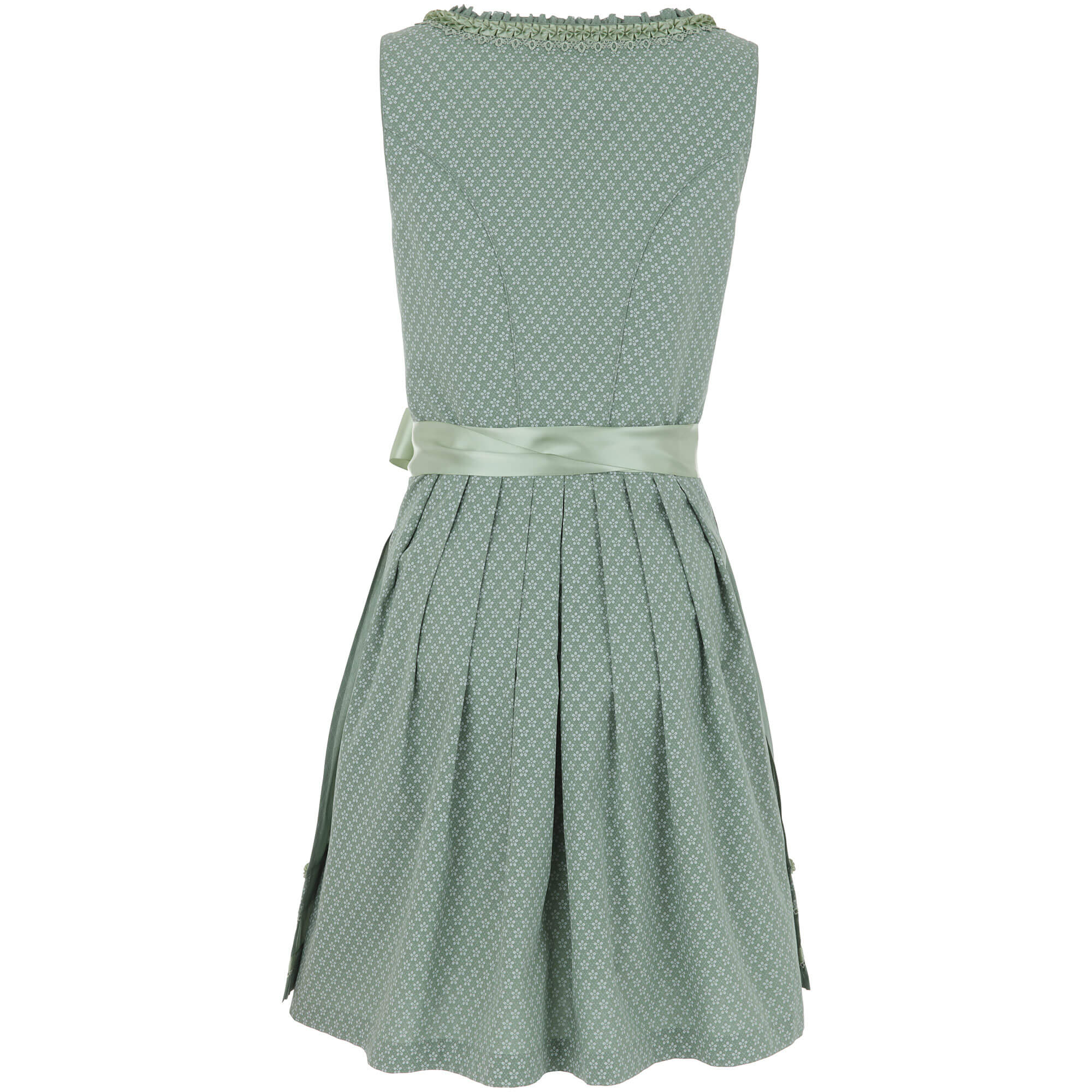Rückansicht des Damen Dirndl "Medora" in der Farbe Mint, mit gruener Schürze