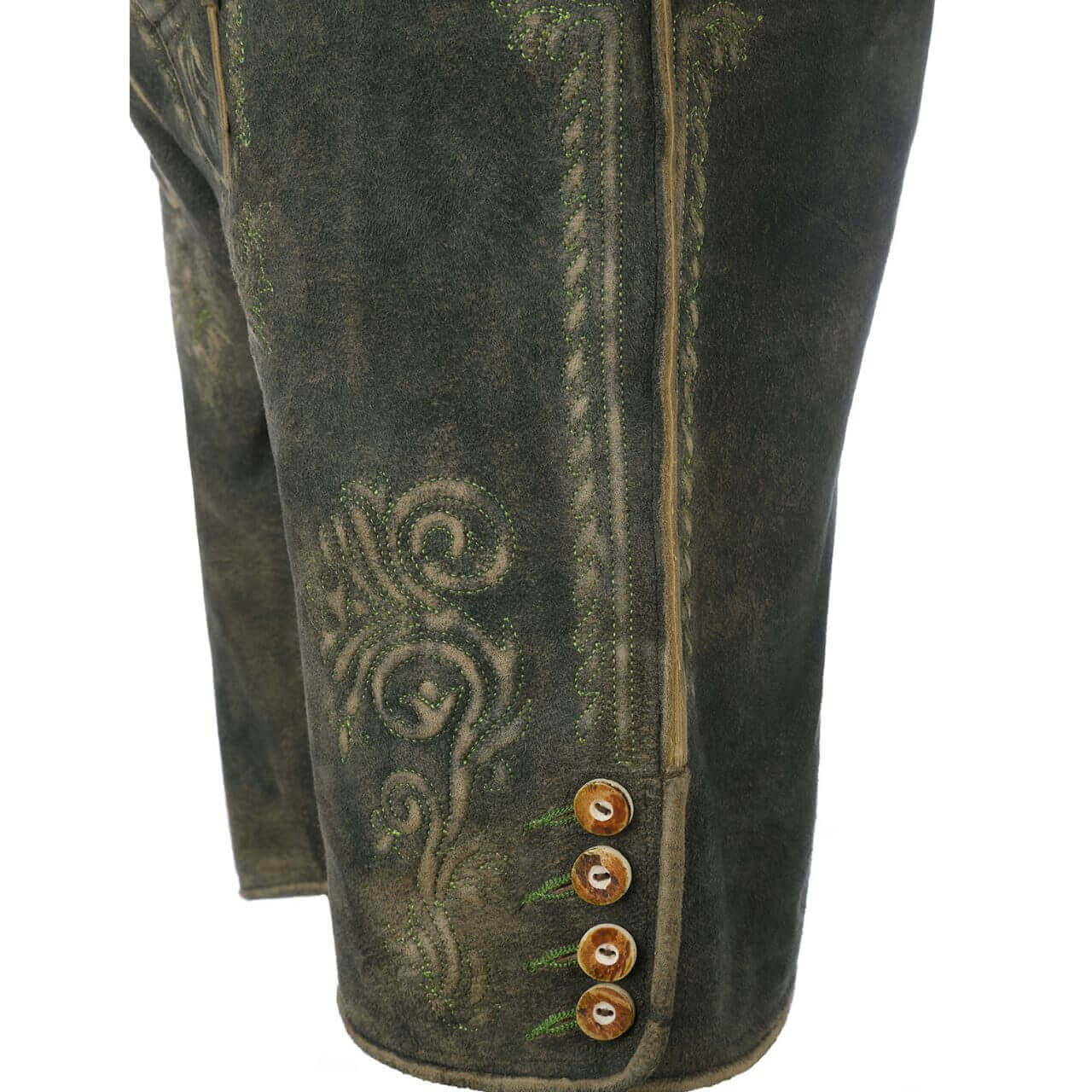 Herren Lederhose "Ludwig" in der Farbe Gruen, Ansicht von der Seite im Detail