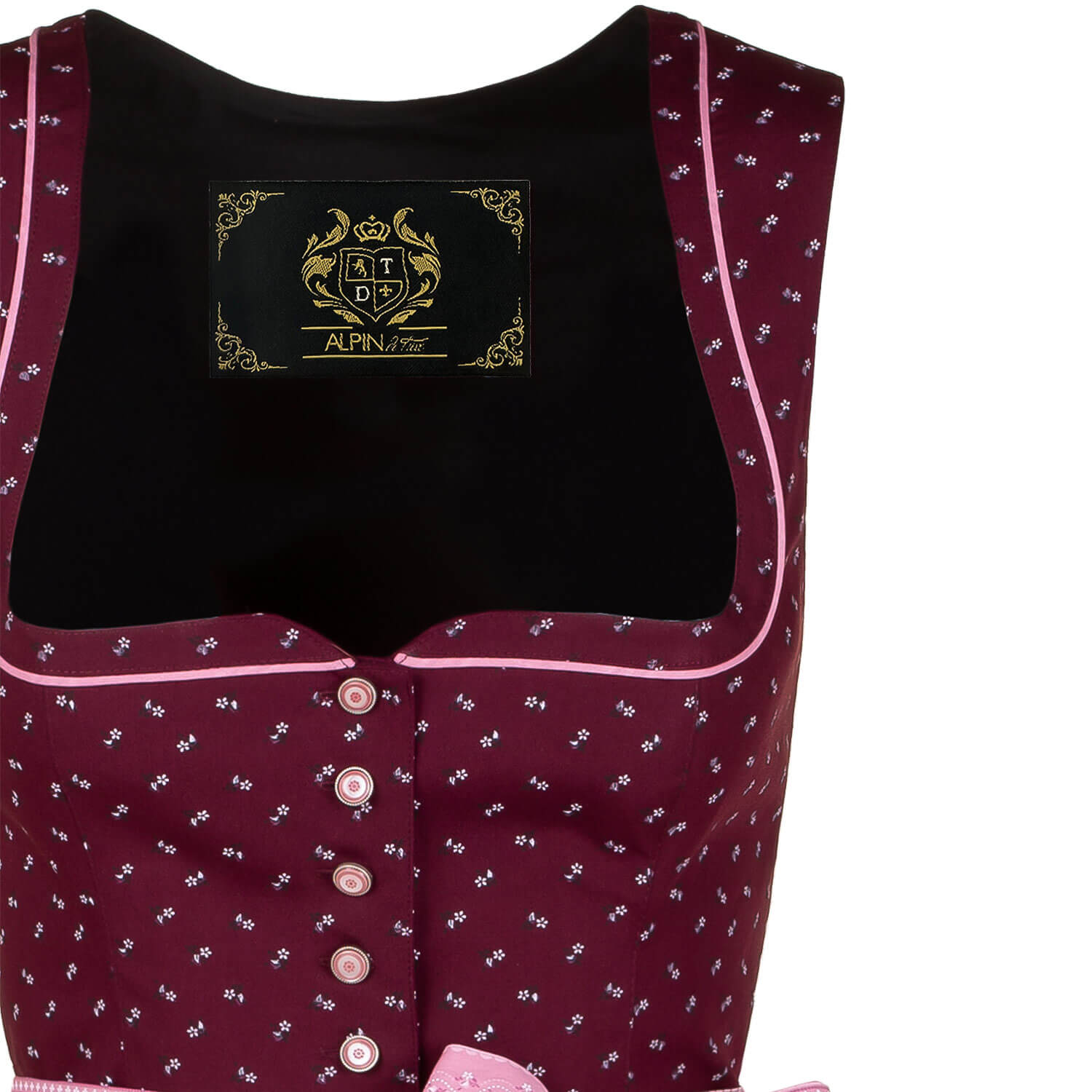 Detailansicht des Ausschnitts des Damen Dirndls "Melanie" in der Farbe Beere-Rosa