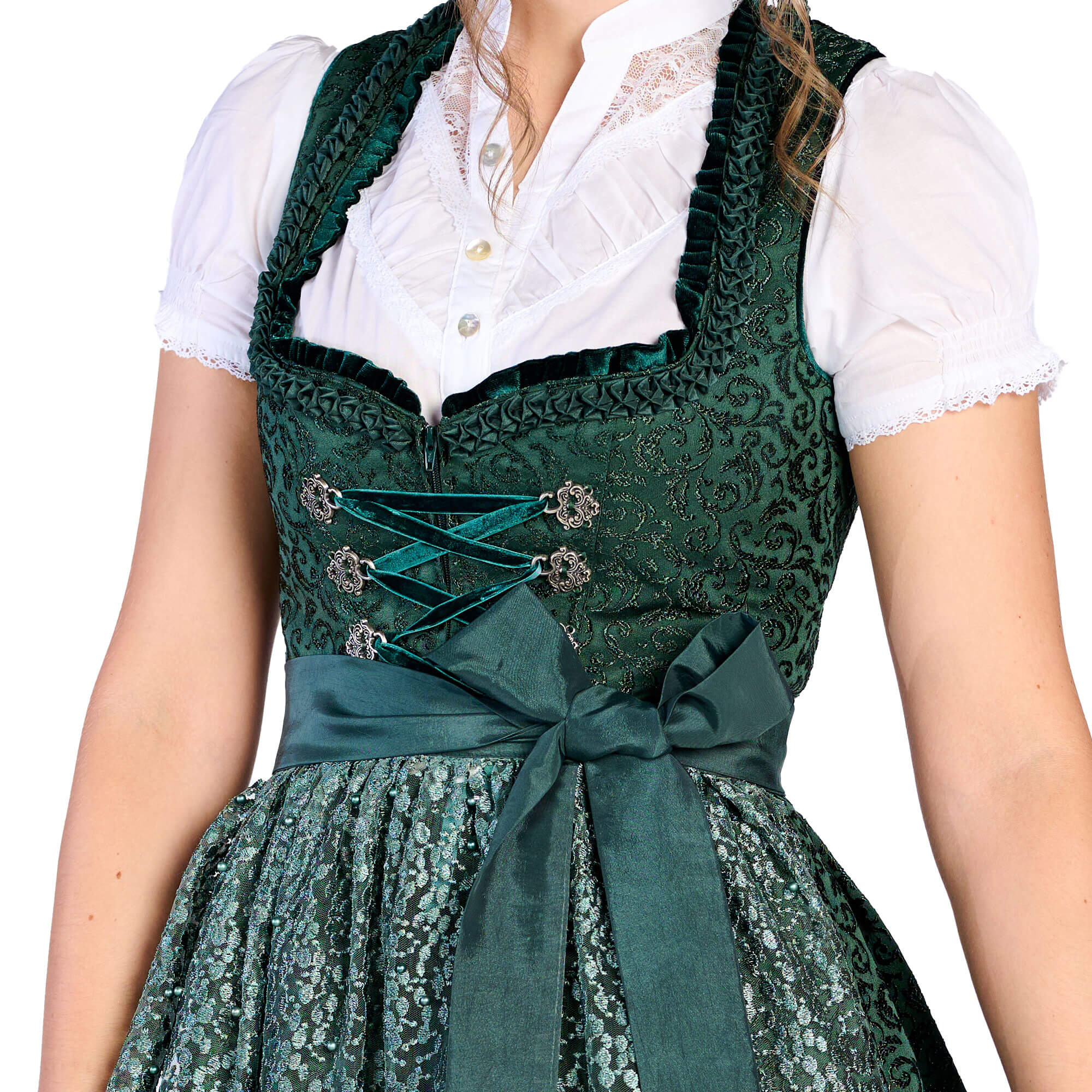 Vorderansicht des Damen Dirndl "Fenja" in Dunkelgrün im Detail