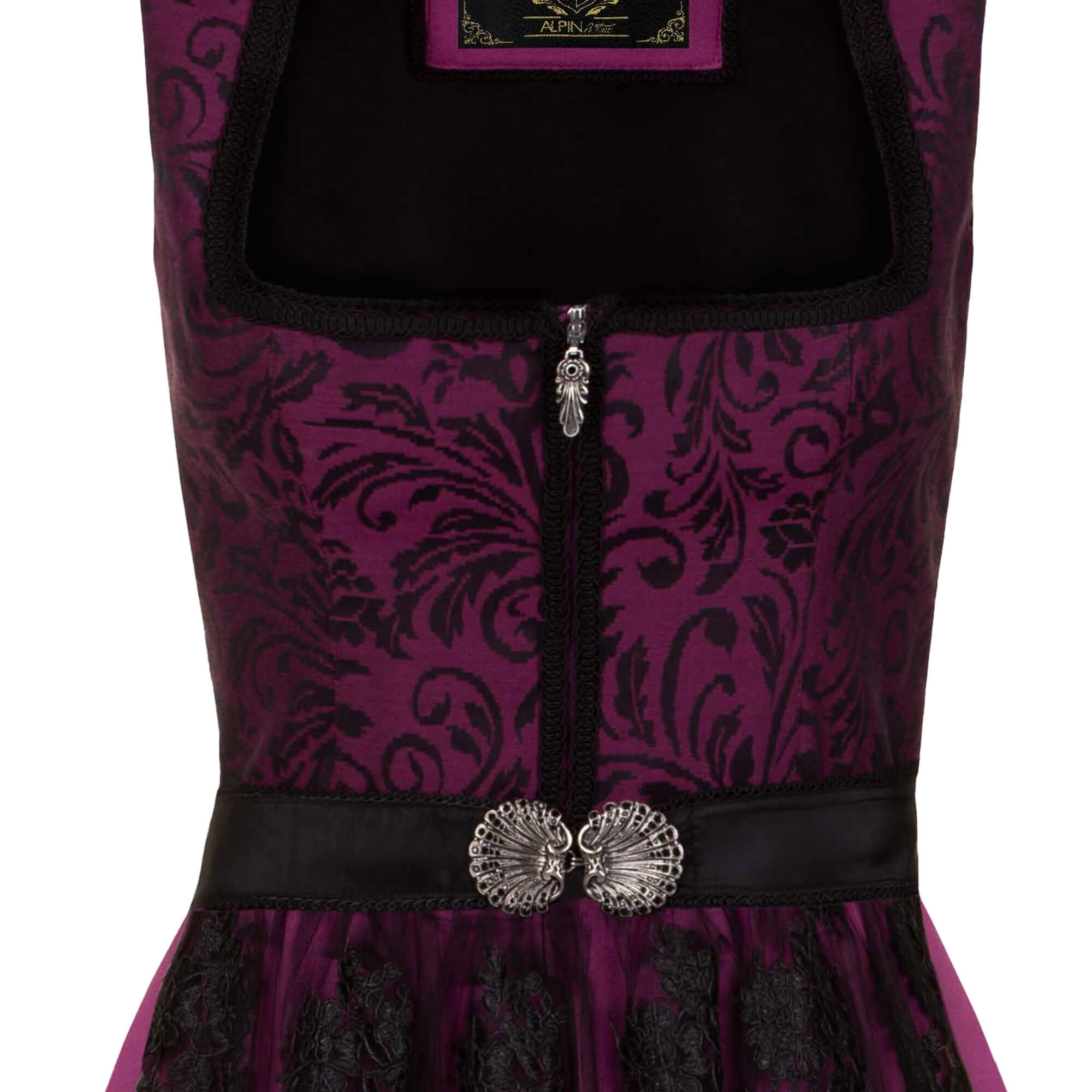 Vorderansicht des Damen Dirndls "Ulrike", in der Farbe Beere-Schwarz, Detail Oberteil