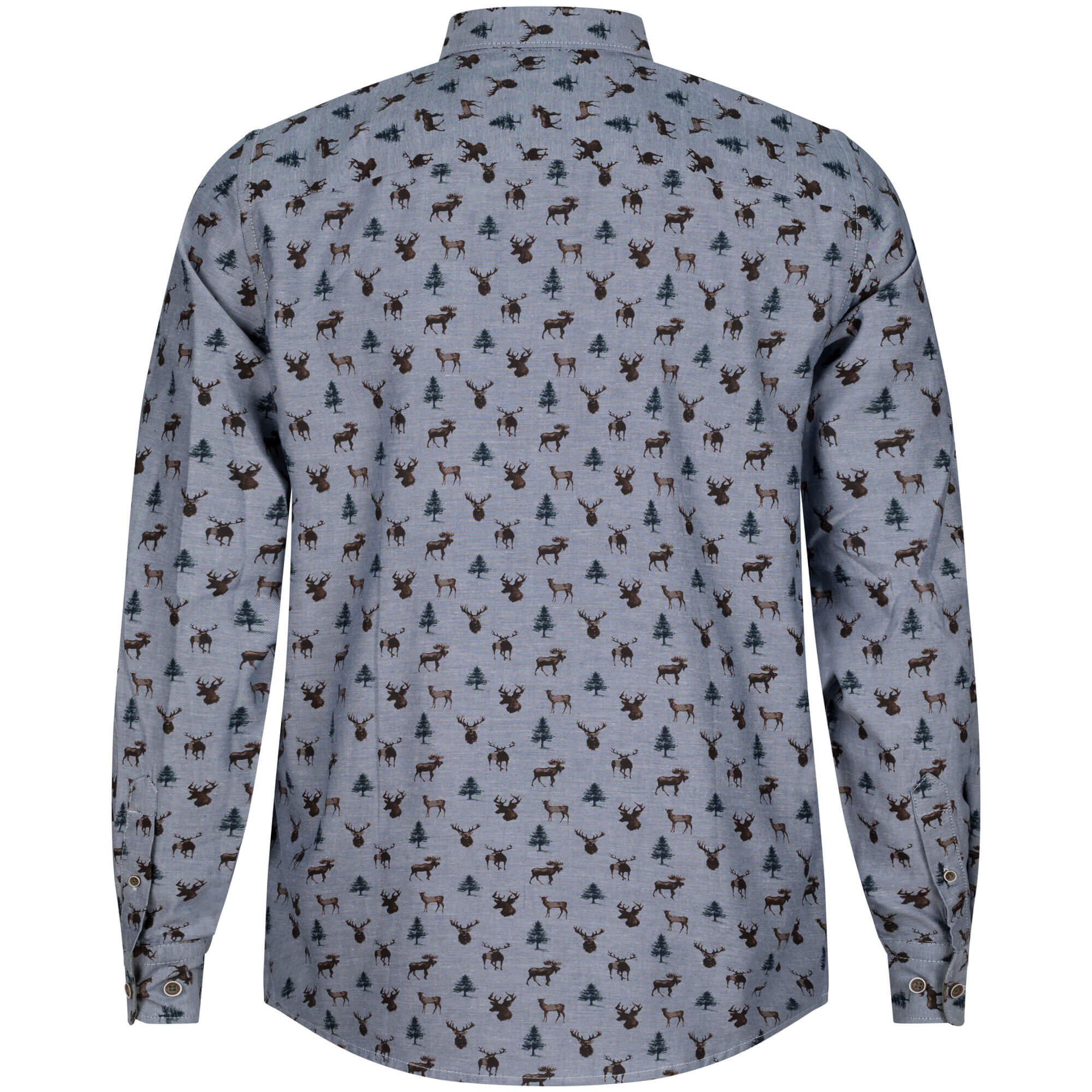 Rückansicht des Herren Langarm Hemd "Hirsch", in der Farbe Blau, mit Muster Hirschkopf, Reh und Tannenbaum