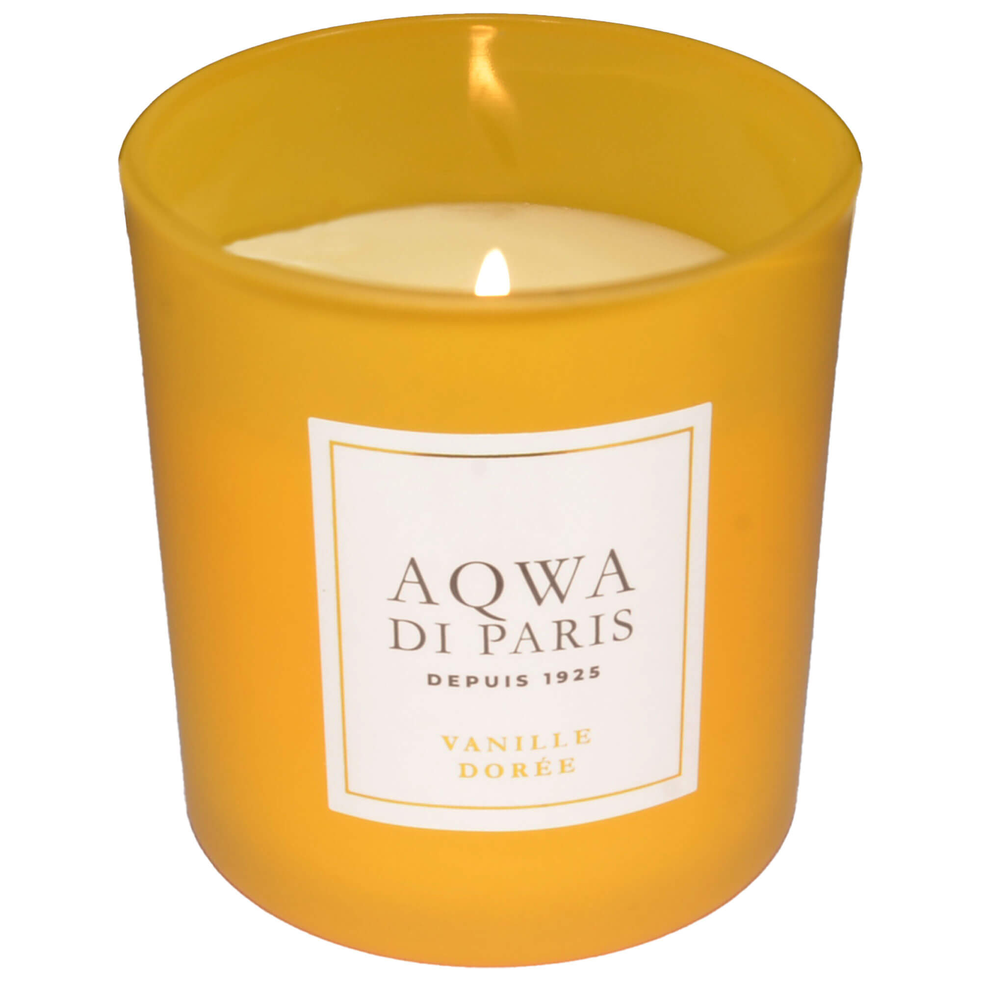 Vorderansicht der Kerze mit Verpackung "Aqwa di Paris", mit dem Duft "Vanille Dorée", in der Farbe Gelb