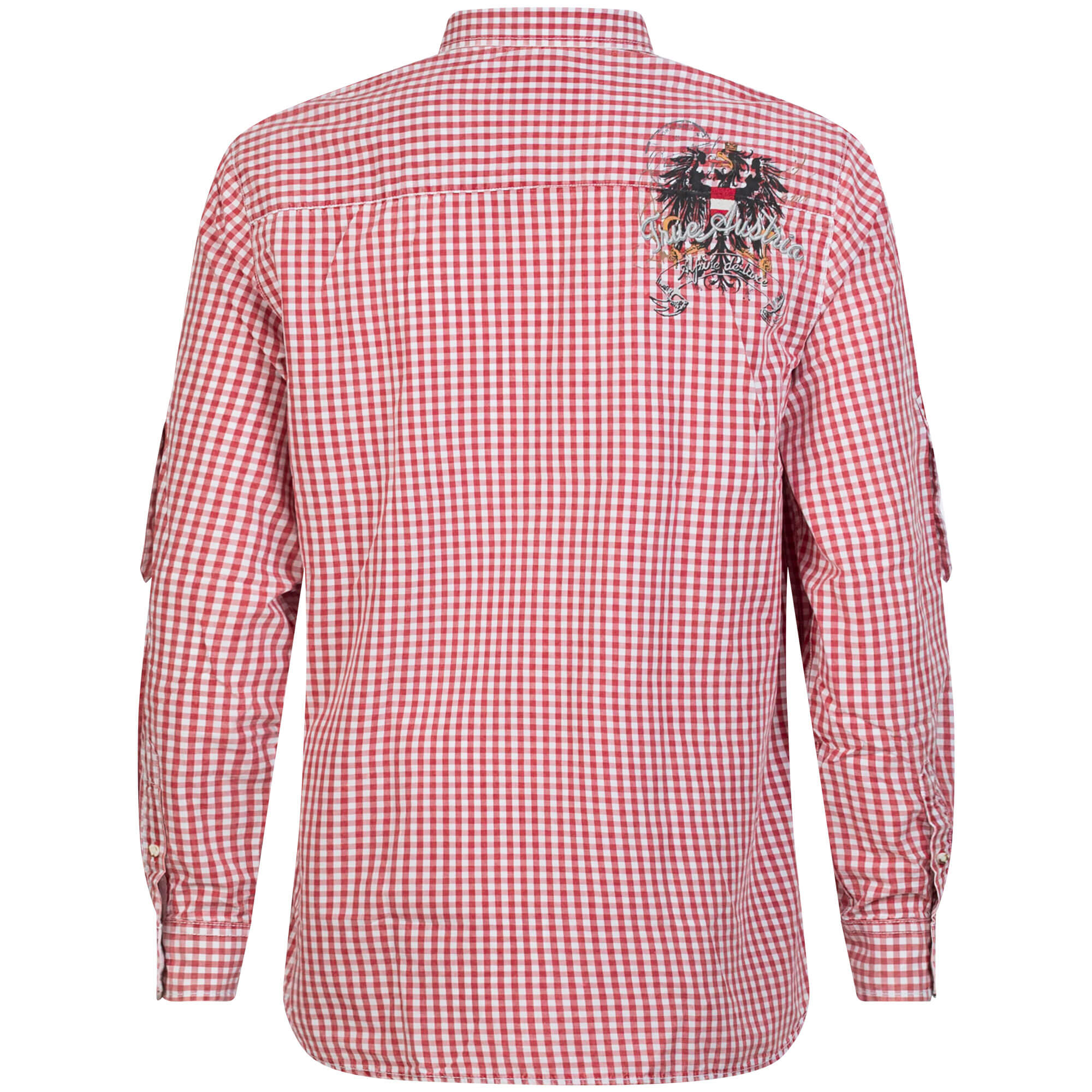 Rückansicht des Herren Hemd "Austria" in der Farbe Rot-Kariert, mit Adler Stickerei hinten