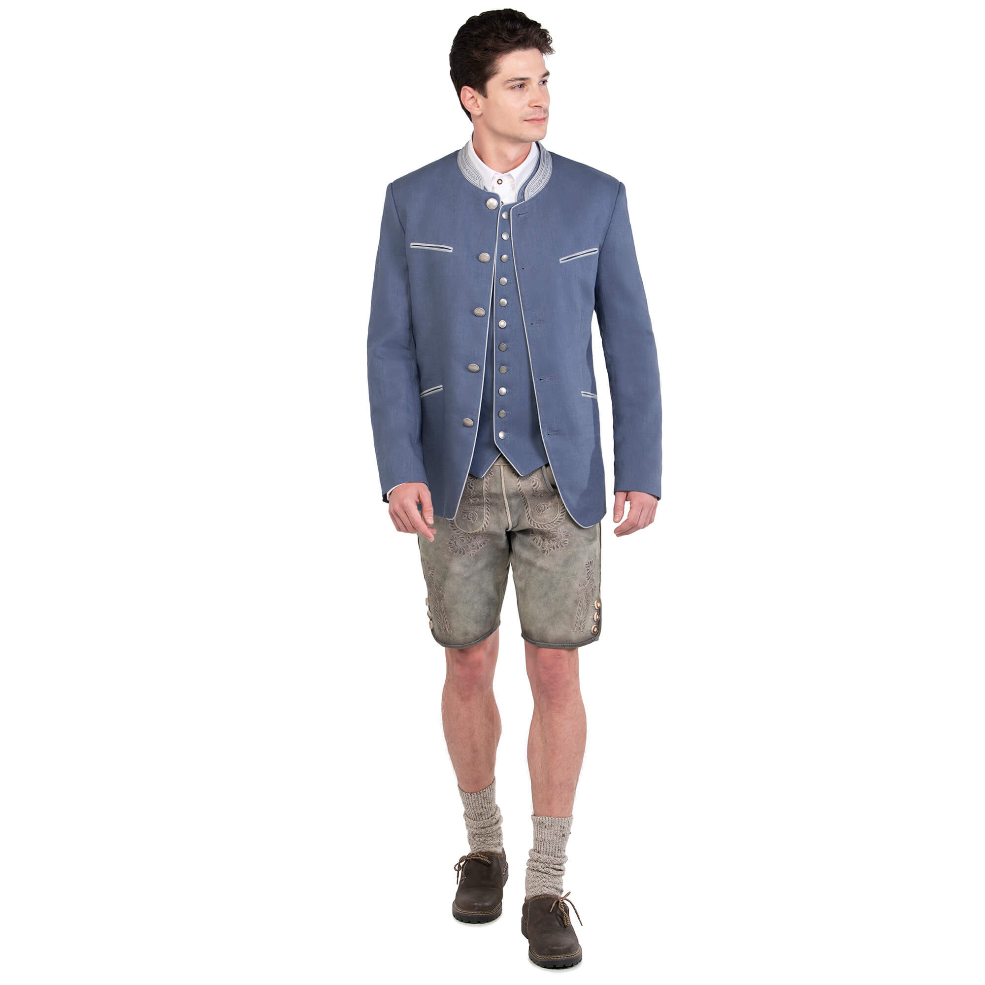 Vorderansicht des Herren Sakko "Bryan" in der Farbe Blau, von einem Model getragen