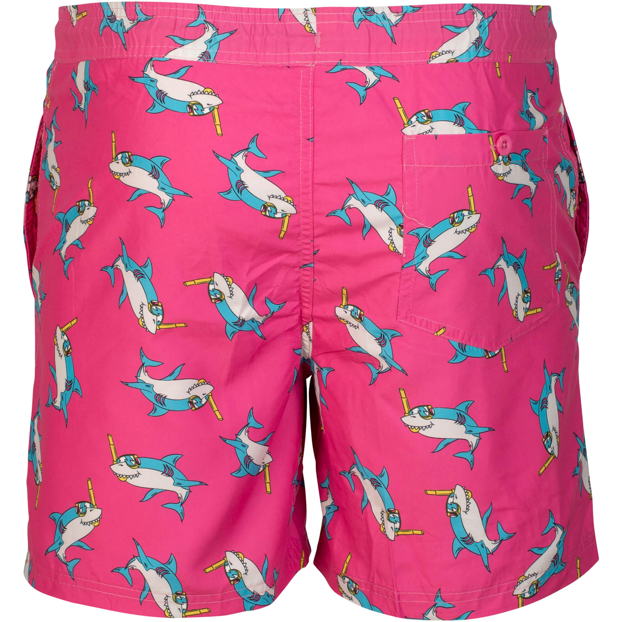 Rücksansicht Badehose Holiday, in der Farbe Pink, mit Haien bedruckt