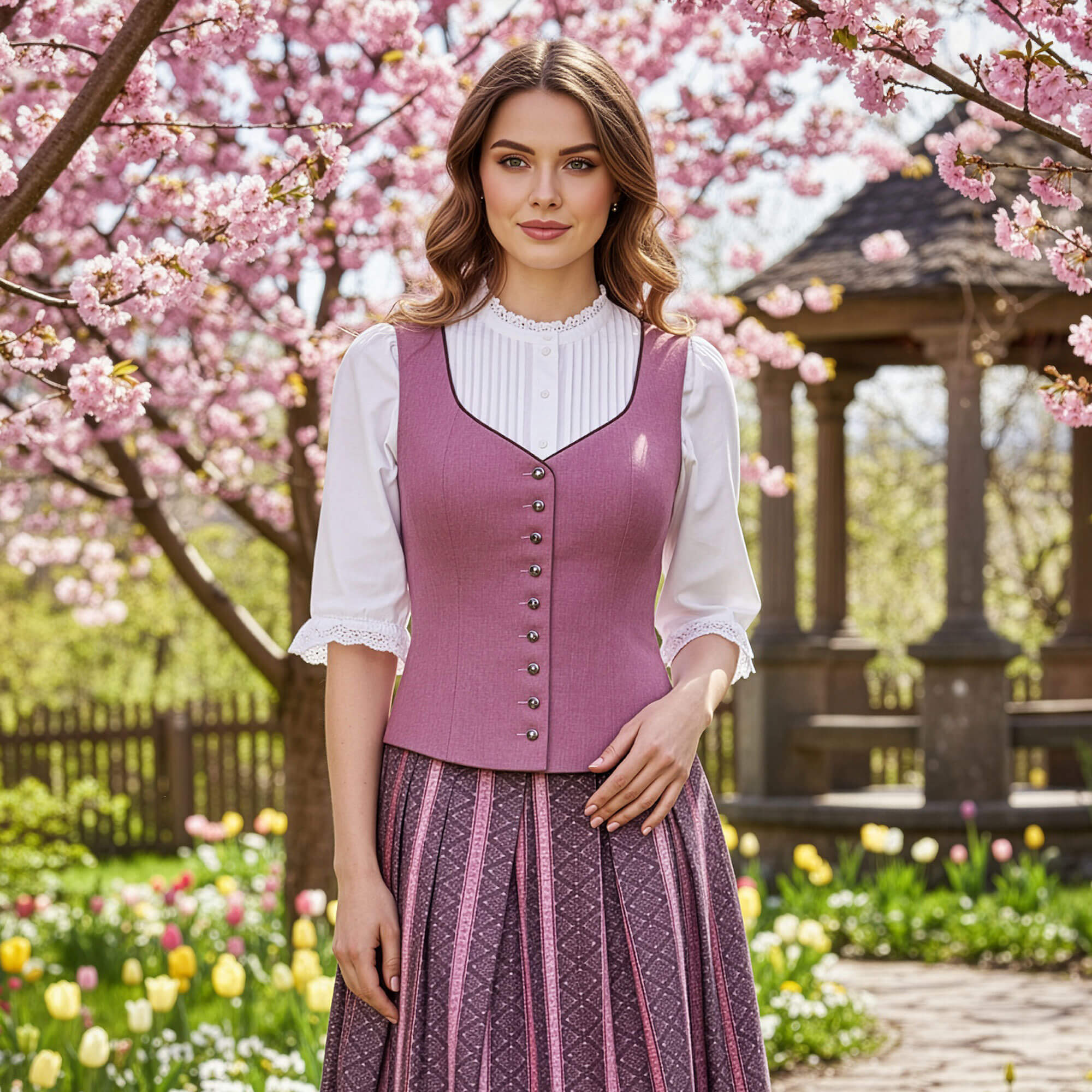 Vorderansicht des Damen Mieders "Viktoria" in der Farbe Rosa-Flieder getragen von einem Model