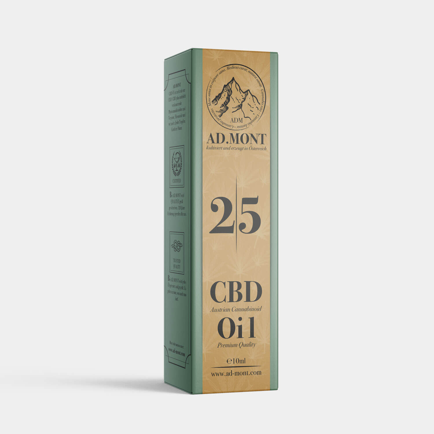 Vorderansicht der Verpackung des Admont CBD Öl 25%, Vollspektrum, 10ml