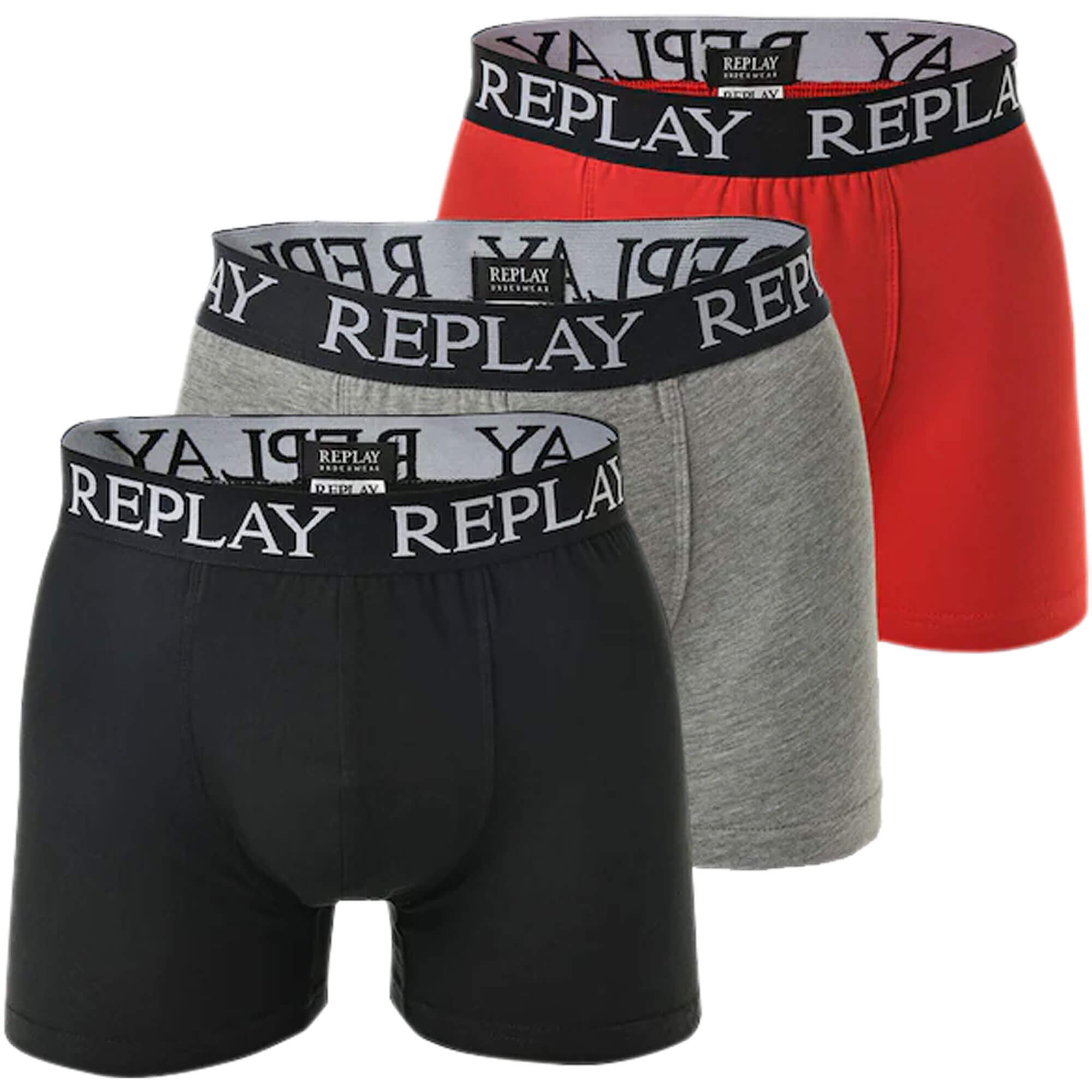 Vorderansicht der Herren Replay Boxershorts im 3er Pack, in den Farben Schwarz, Grau und Rot