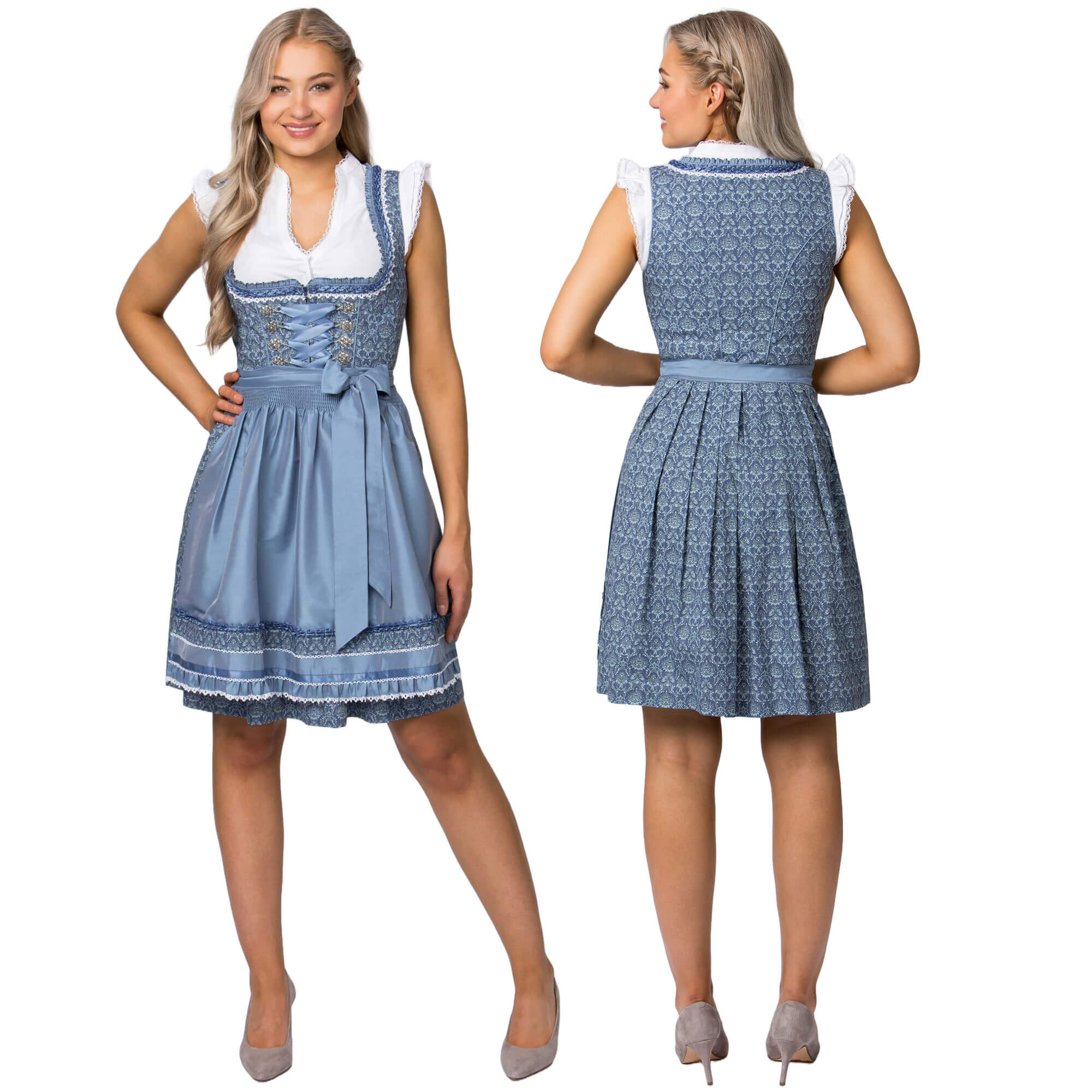 Vorderansicht und Hinteransicht des Damen Dirndl "Ruby" in der Farbe Blau