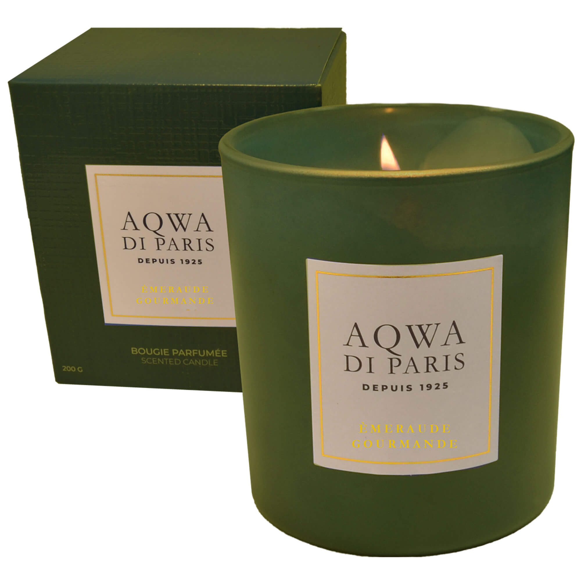 Vorderansicht der Duftkerze "Aqwa di Paris" in der Farbe Grün, mit Verpackung