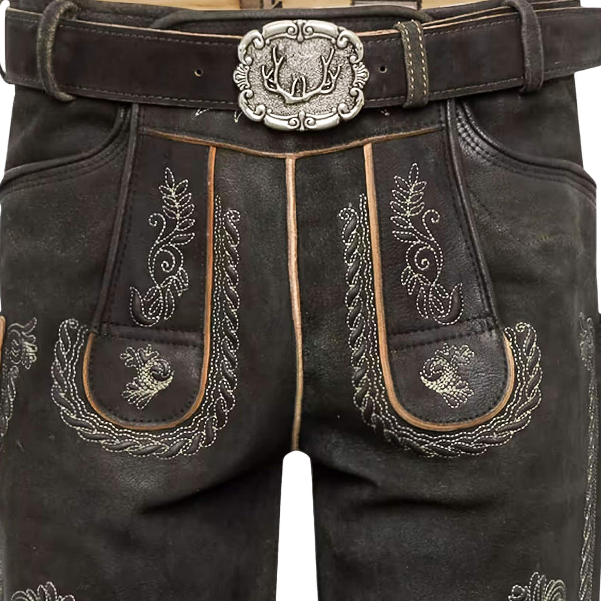 Detail der Vorderansicht der Herren Lederhose "Tommy", in der Farbe Stein Graphit