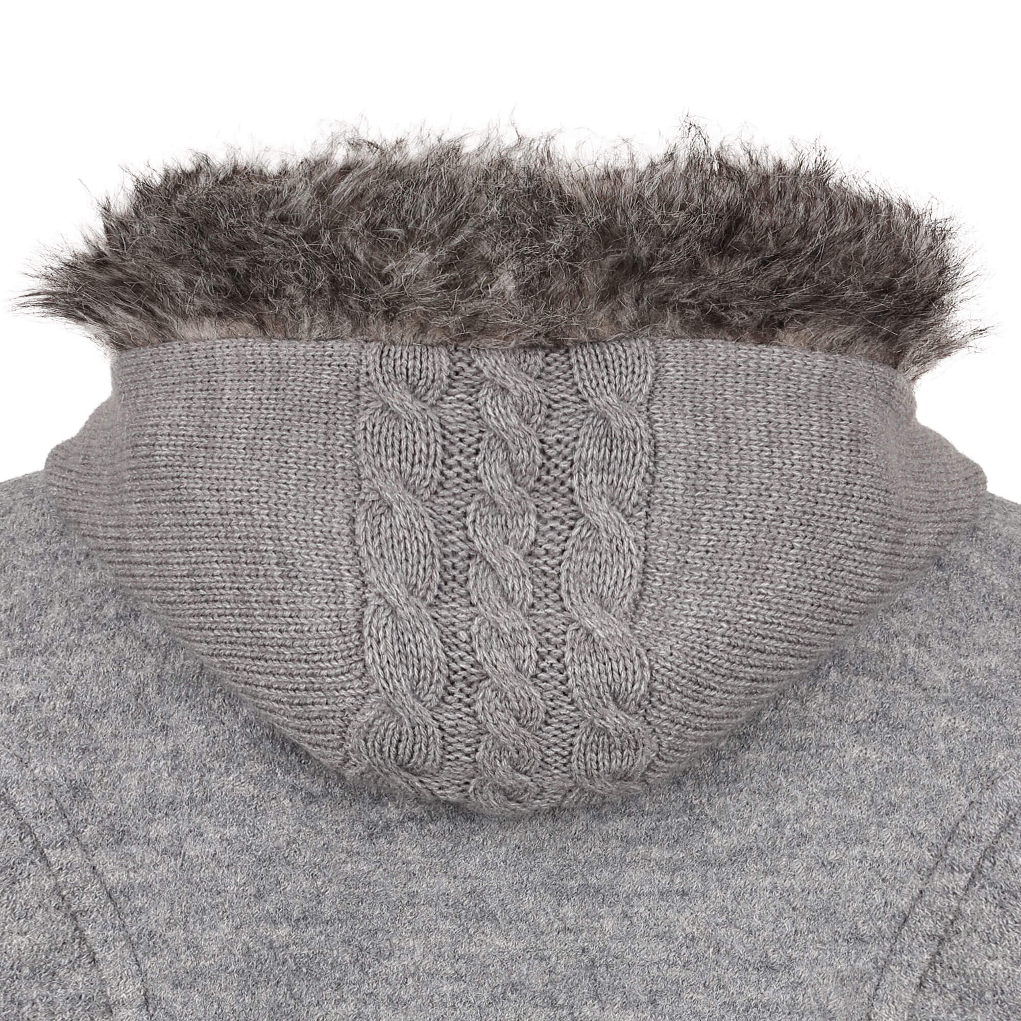 Detailansicht der Mädchen Strickjacke "Lucie", in der Farbe Grau, Kapuze Außen