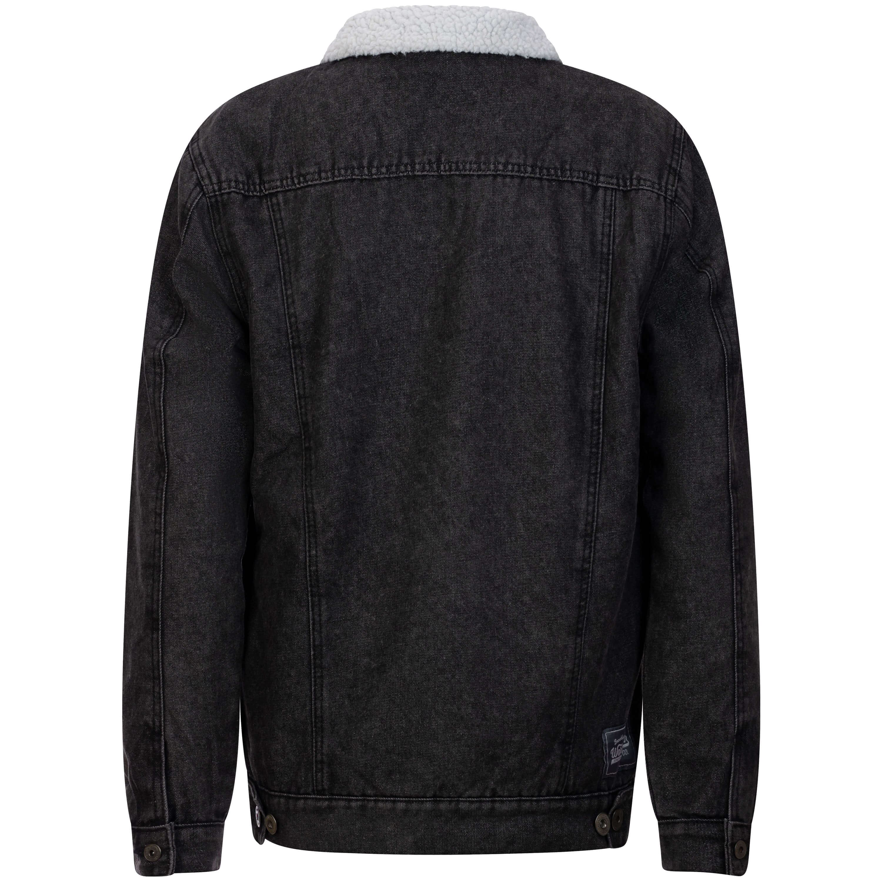 Rückansicht der Herren Jacke in Jeans Optik mit weißem Teddyfutter, in der Farbe Stonewash