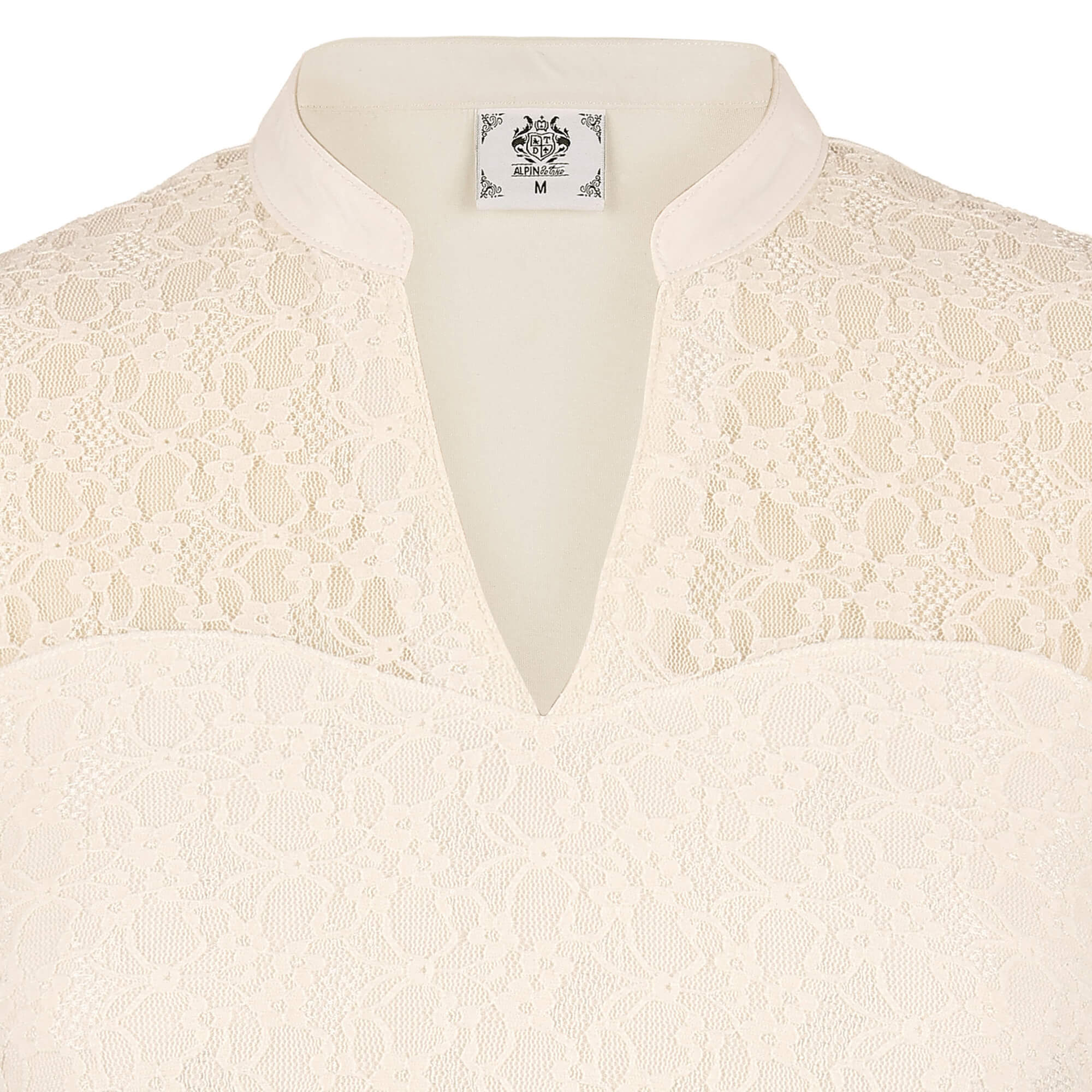 Detailansicht vom V-Ausschnitt mit Stehkragen des Damen Kurzarm Bodys "Sara" in der Farbe Skin