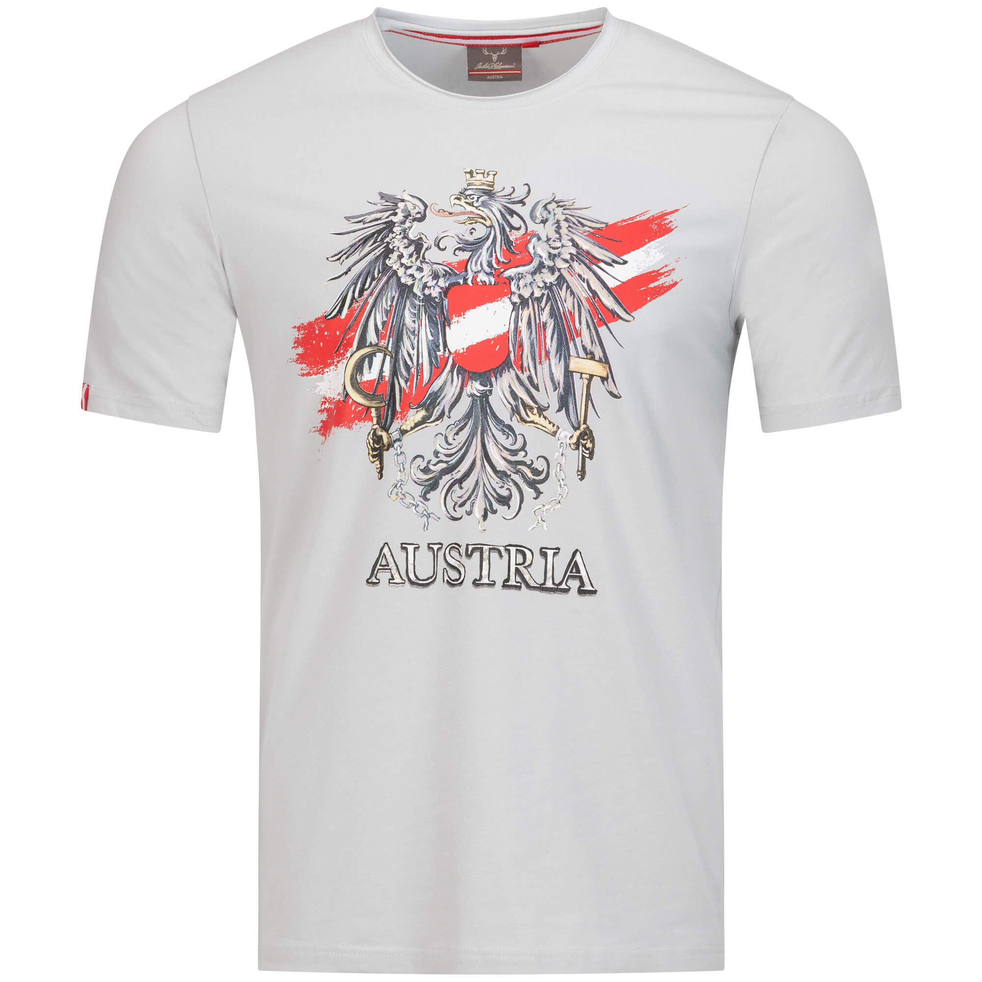 Vorderansicht des Herren T-Shirt "Austria", in der Farbe Grau, mit großem Adler Druck und Austria Schriftzug