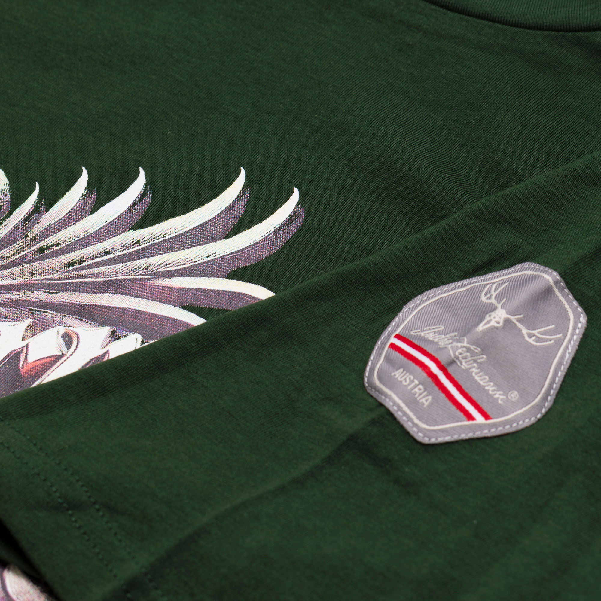 Detailansicht des Herren T-Shirt "Steiermark", in der Farbe Grün, mit Patch am Ärmel