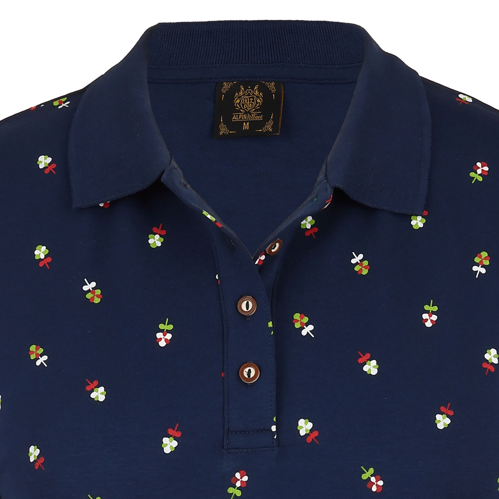 Detailansicht vom Kragen des Damen Blümchen-Druck Polos "Kärnten" in Blau