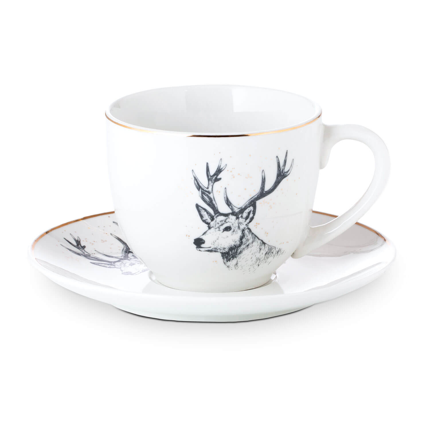 Tasse und Untertasse des Kaffeeservice 12-teilig mit großem Hirschmotiv und Goldrand