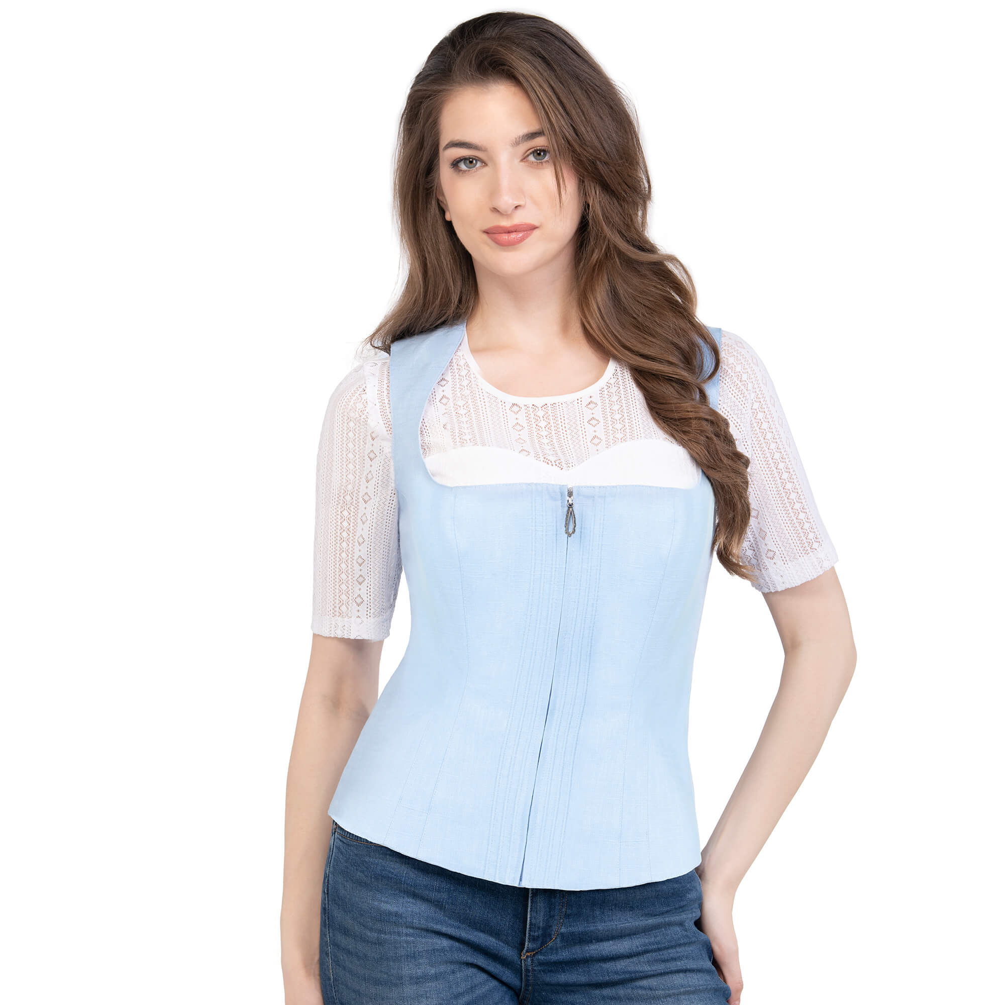 Vorderansicht des Damen Mieders "Hannah" in der Farbe Hellblau, auf einem Model getragen