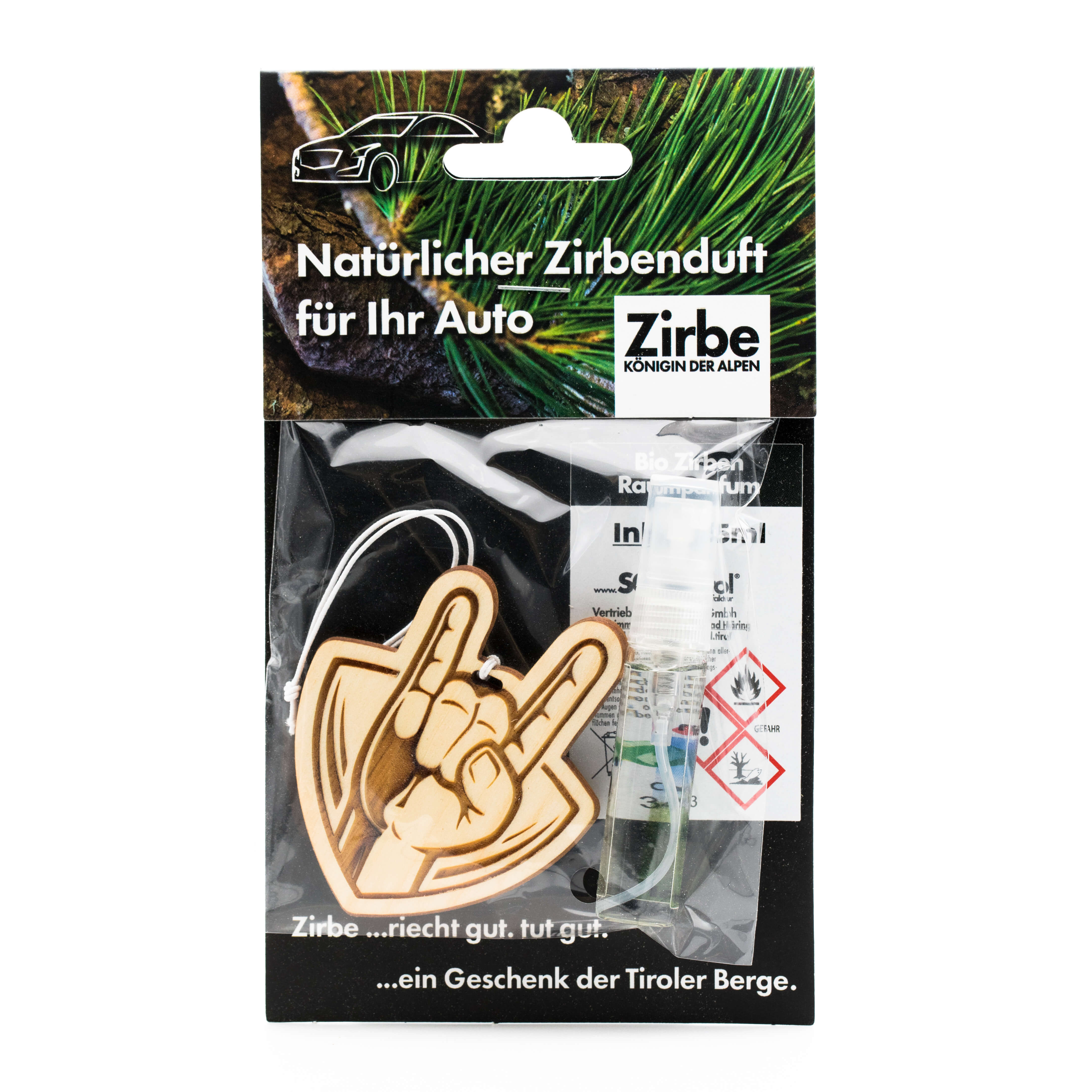 Autoduft aus Zirbe "Rock on", Vorderansicht