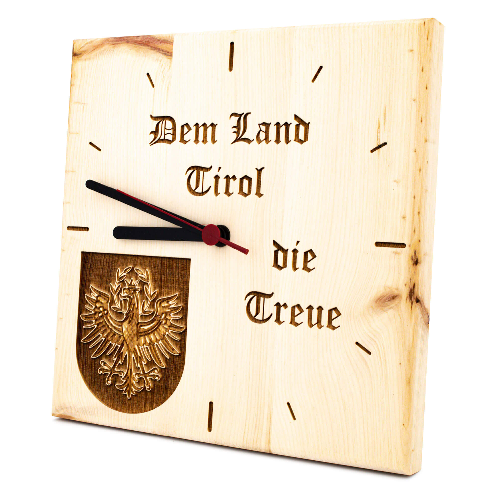 Seitenansicht der Zirbenuhr "Dem Land Tirol die Treue", in der Farbe Braun, links schauend