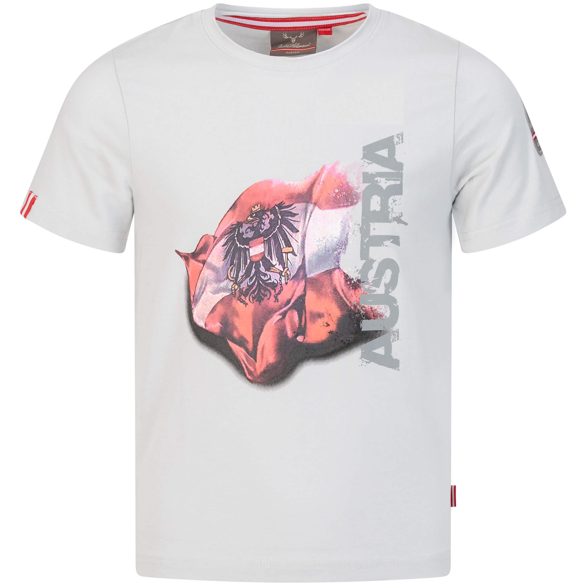 Vorderansicht des Kinder T-Shirt "Austria", in der Farbe Weiß, mit AUSTRIA Schriftzug und großem Aufdruck