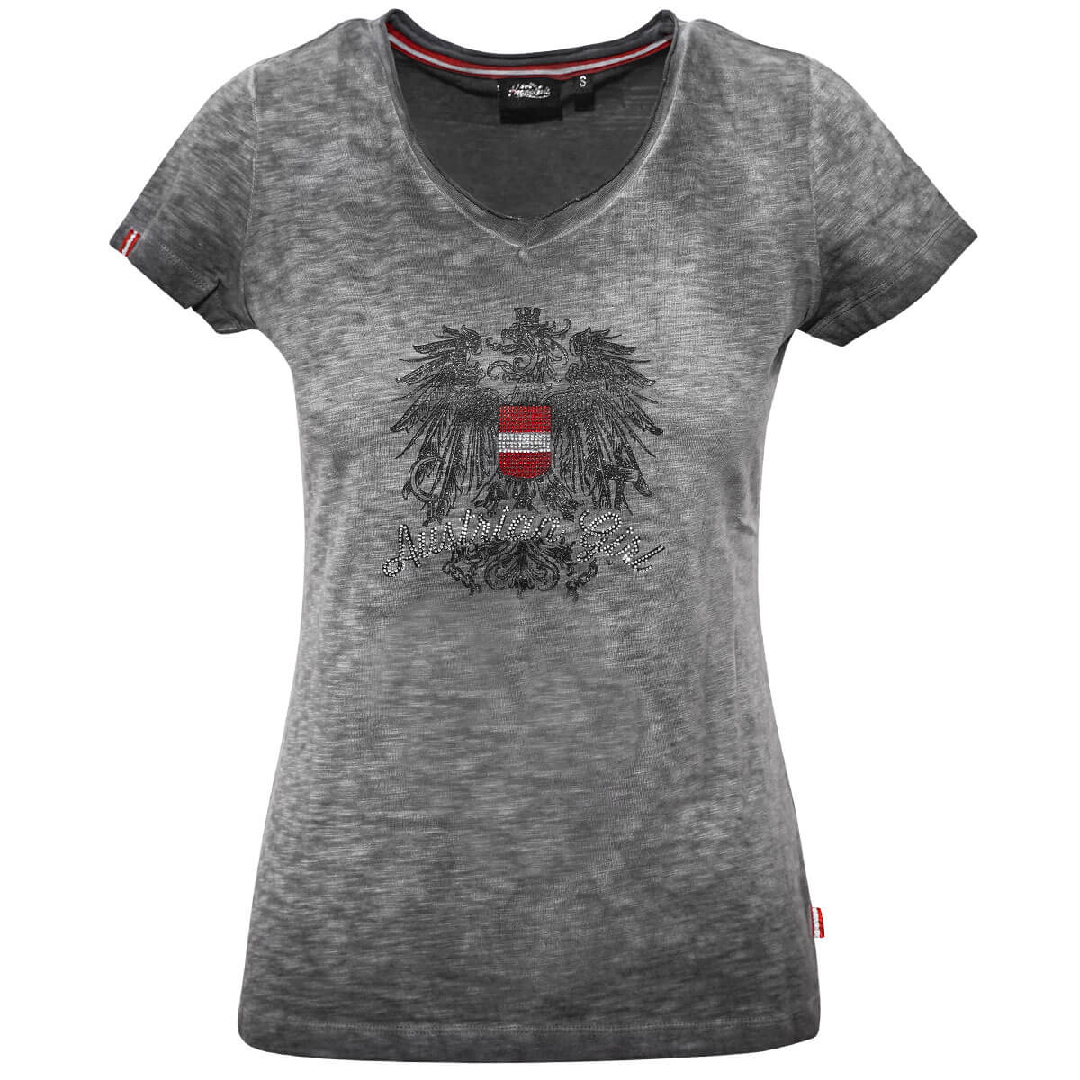 Vorderansicht des Damen T-Shirts "Austrian Girl", in der Farbe Grau, mit Glitzer Druck