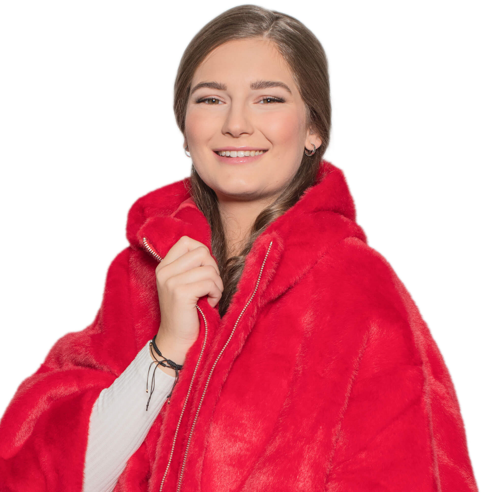 Vorderansicht der Damen Kuscheljacke "Penelope", in Rot, von einem Modell getragen, Detail oben