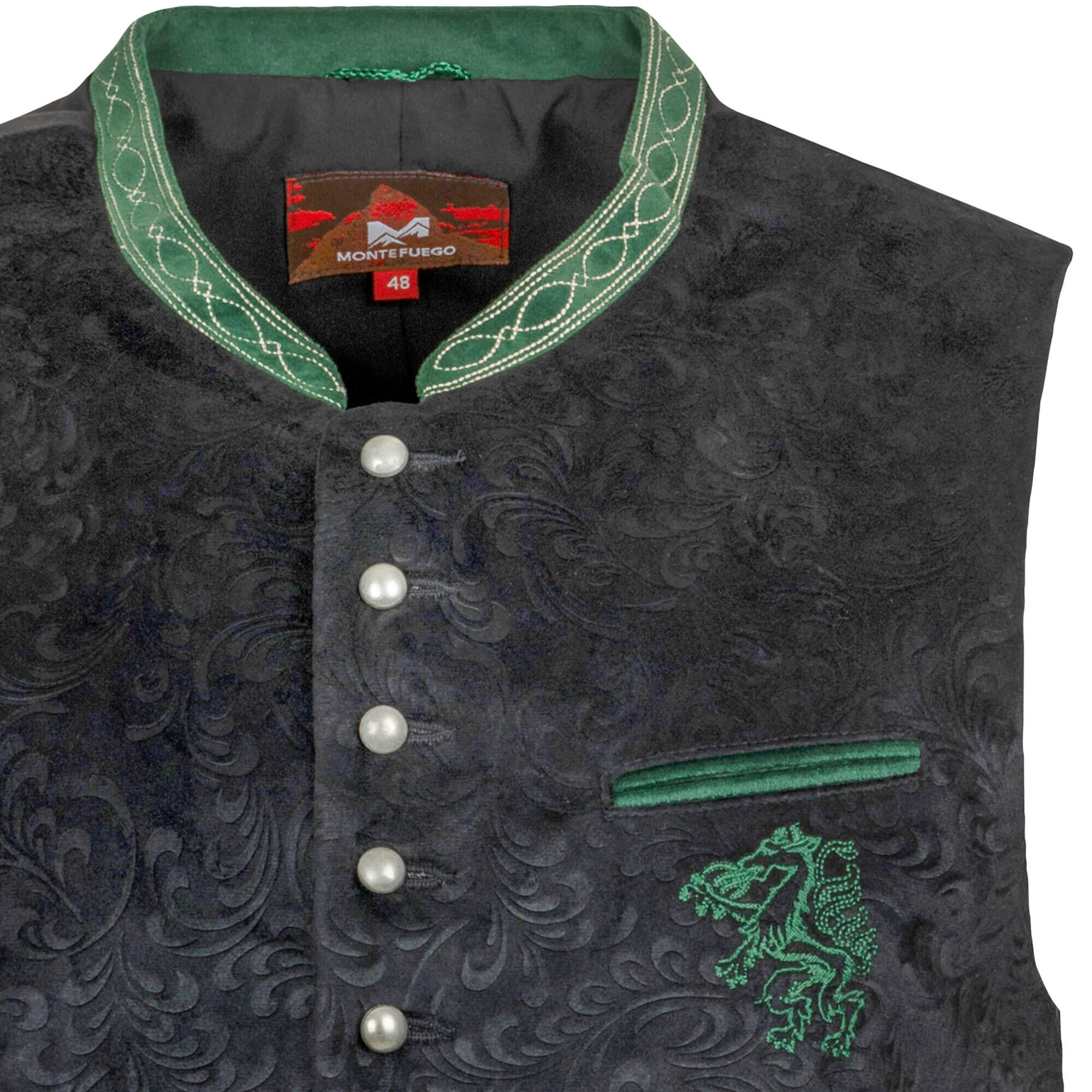 Detailansicht des Herren Trachtengilet "Steiermark", in der Farbe Schwarz mit grünen Akzenten
