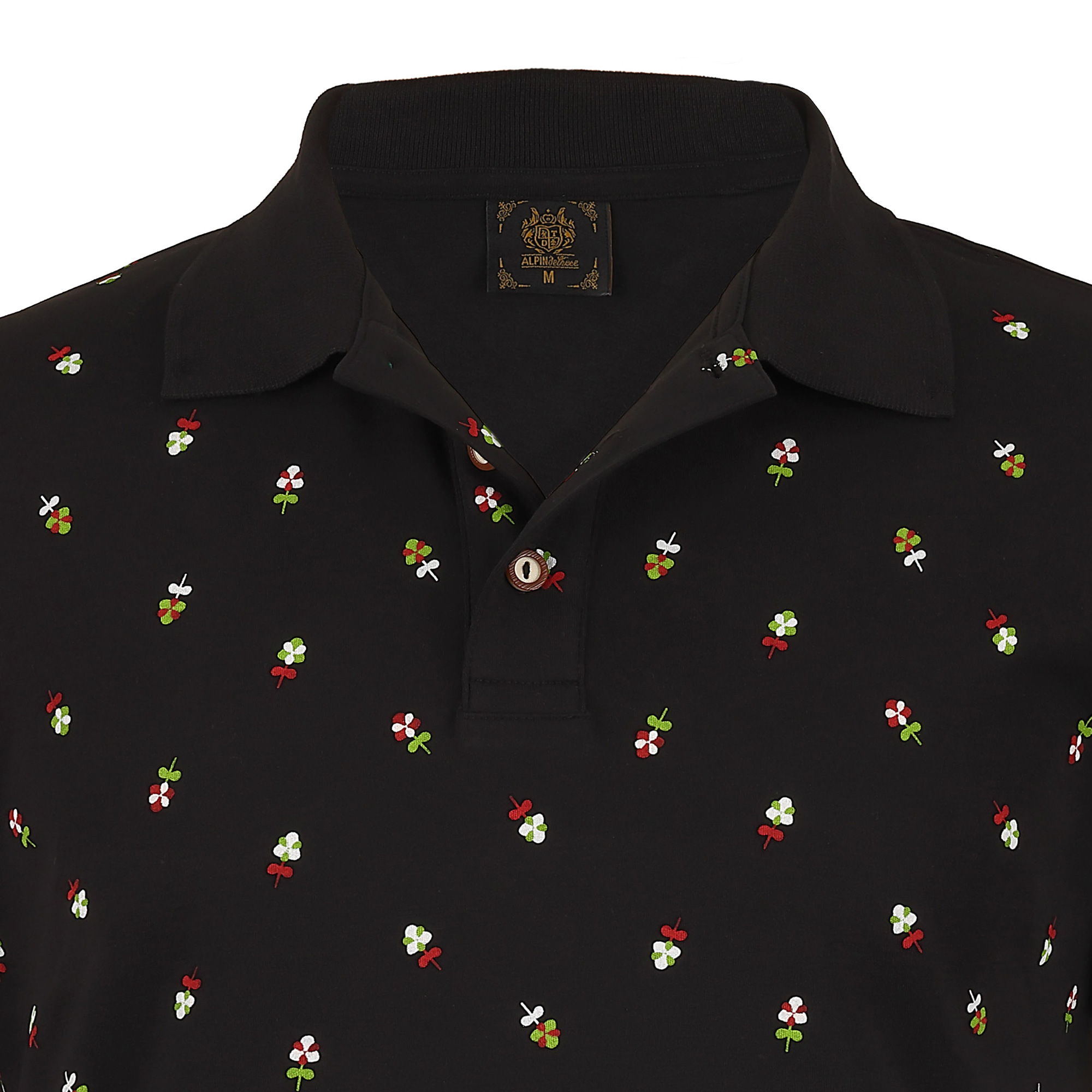 Detailansicht vom Kragen des Herren Blümchen-Druck Poloshirts in der Farbe Schwarz