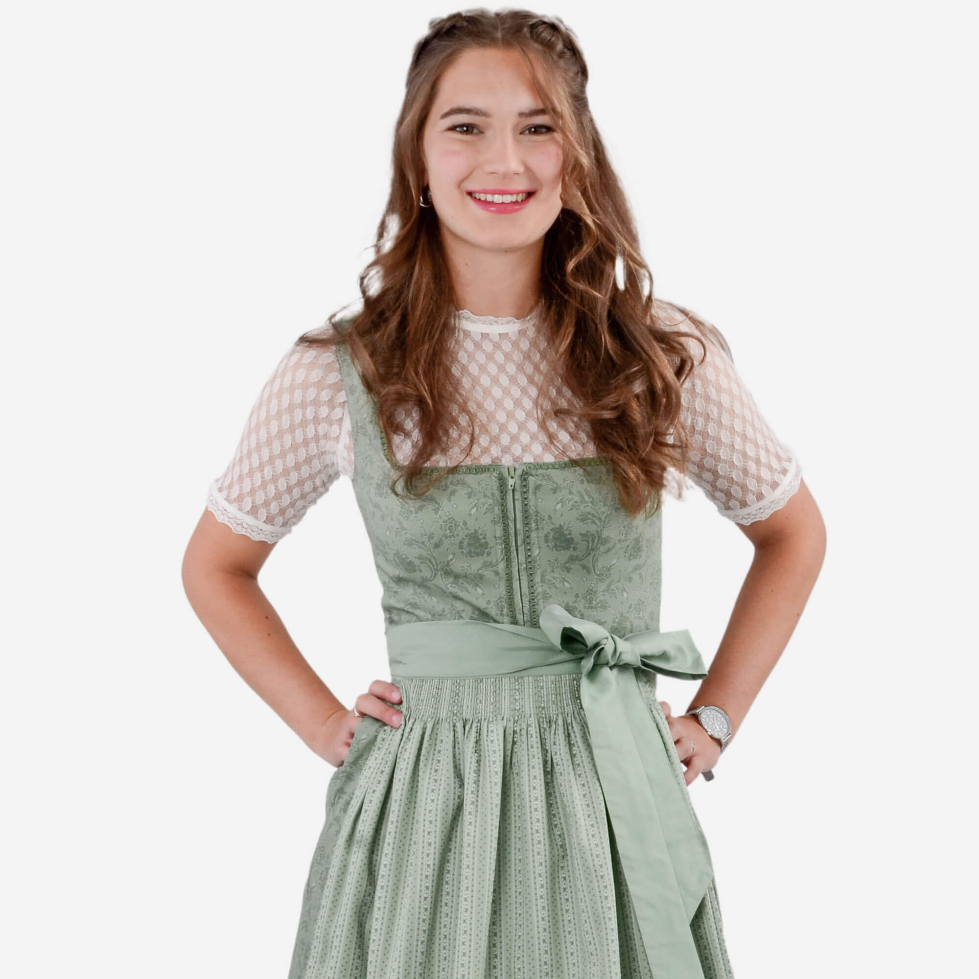 Stilvolles, grünes Dirndl, getragen von einem Model