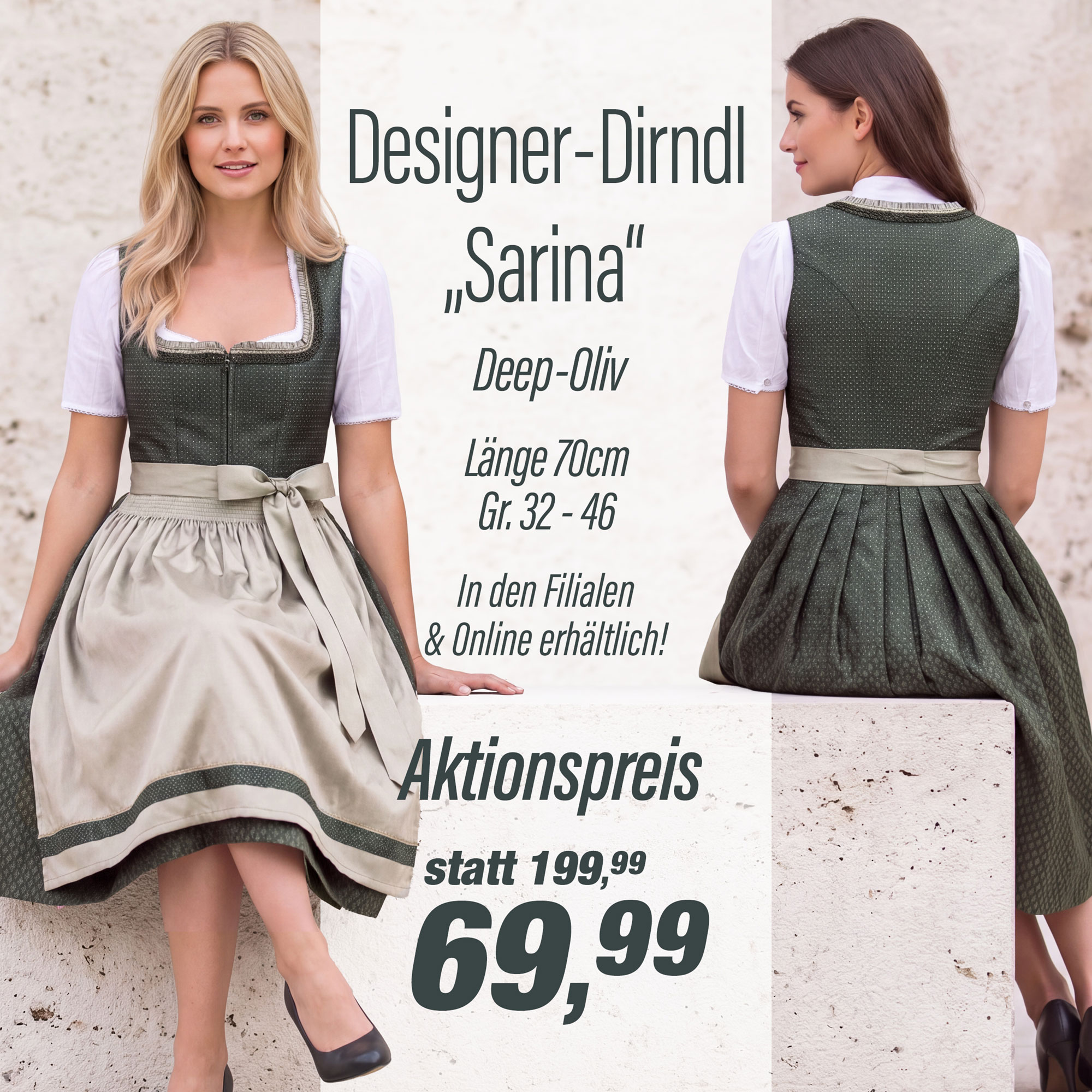 Zwei Damen, sitzend auf einem Steinbklock, in hübschem Designer-Dirndl "Sarina"