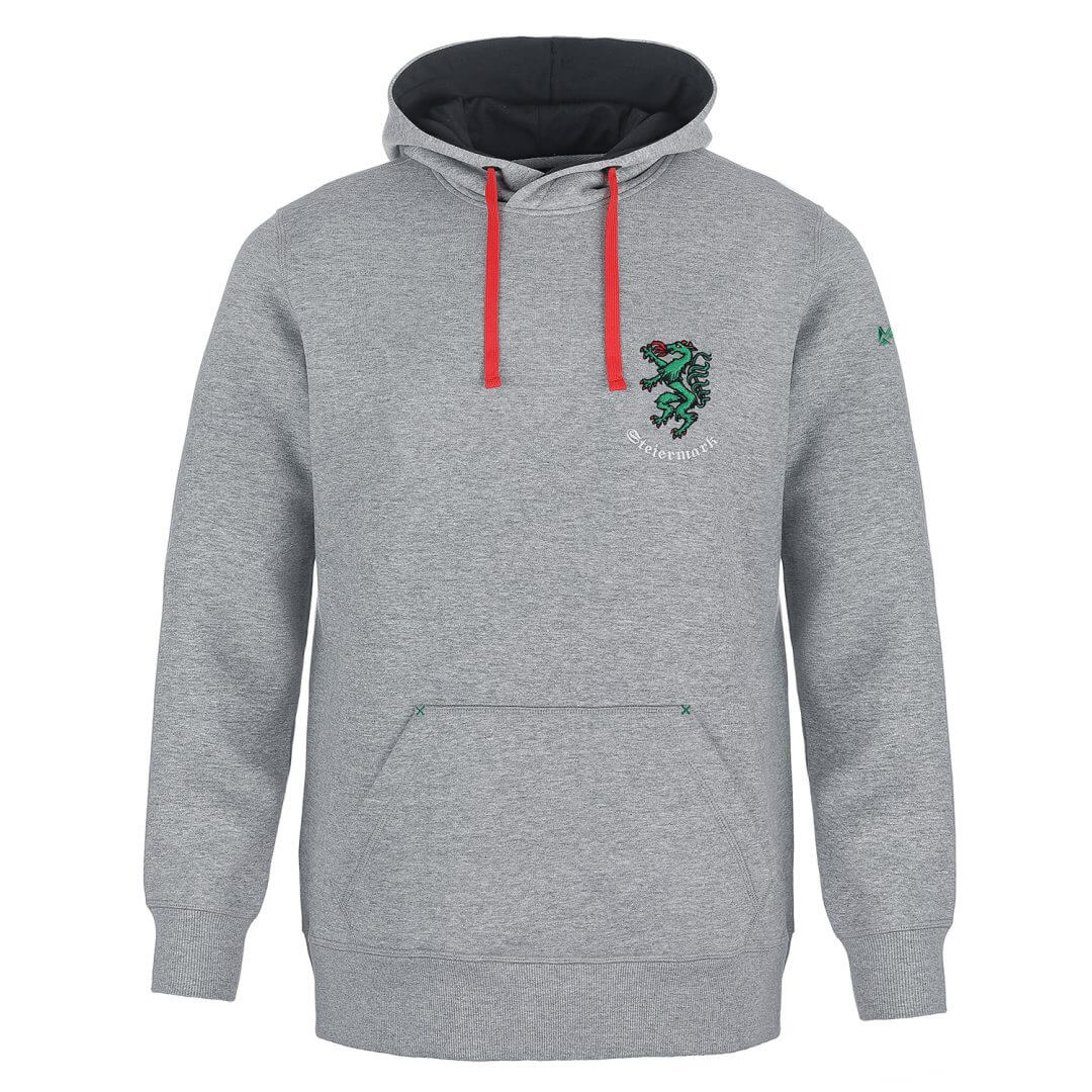 Vorderansicht des Herren Hoodies "Steiermark", in der Farbe Grau