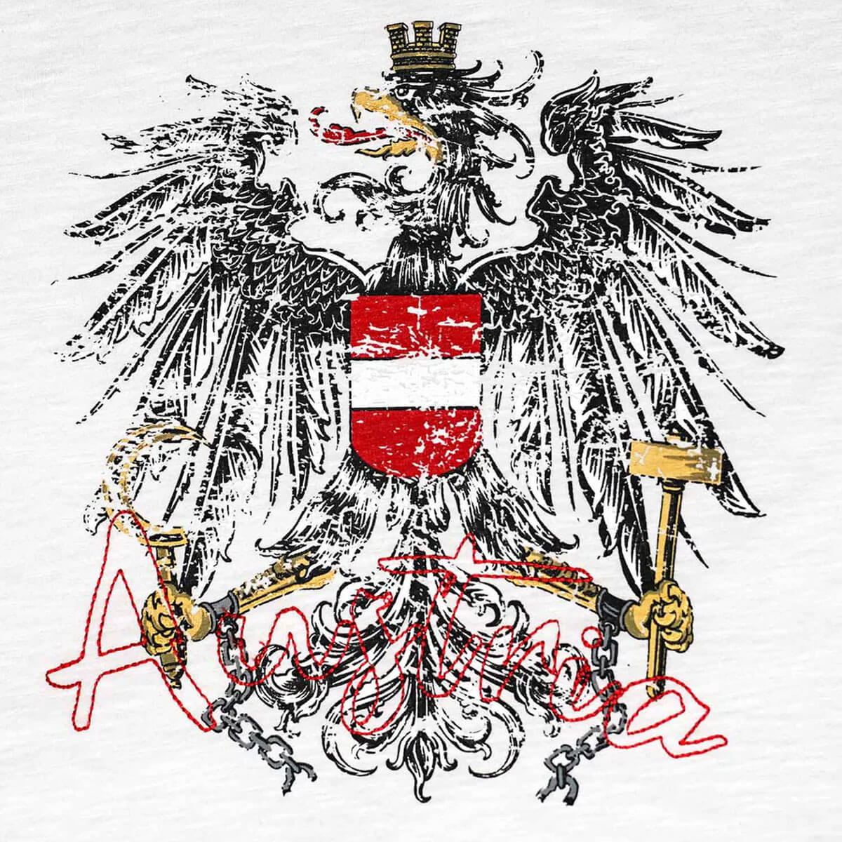 Vorderansicht des Herren T-Shirts "Austria Vintage", in der Farbe Weiß, Detail Druck