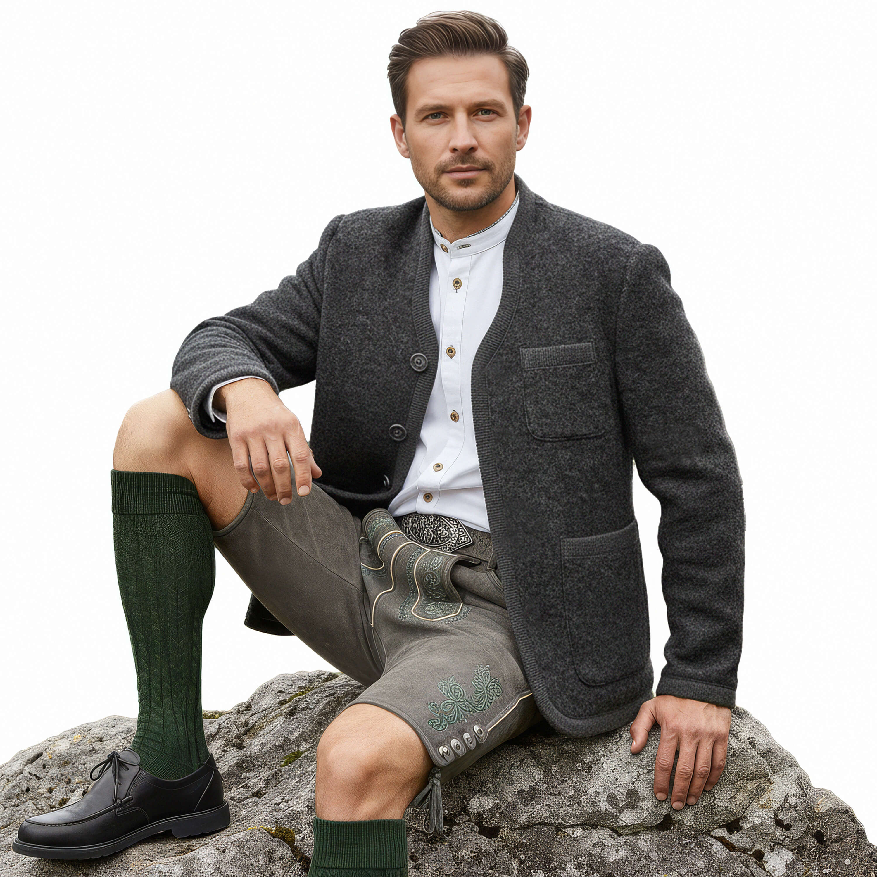 Herren Merinojacke "Richard" mit Knöpfen in der Farbe "Anthra" Getragen von einem Model